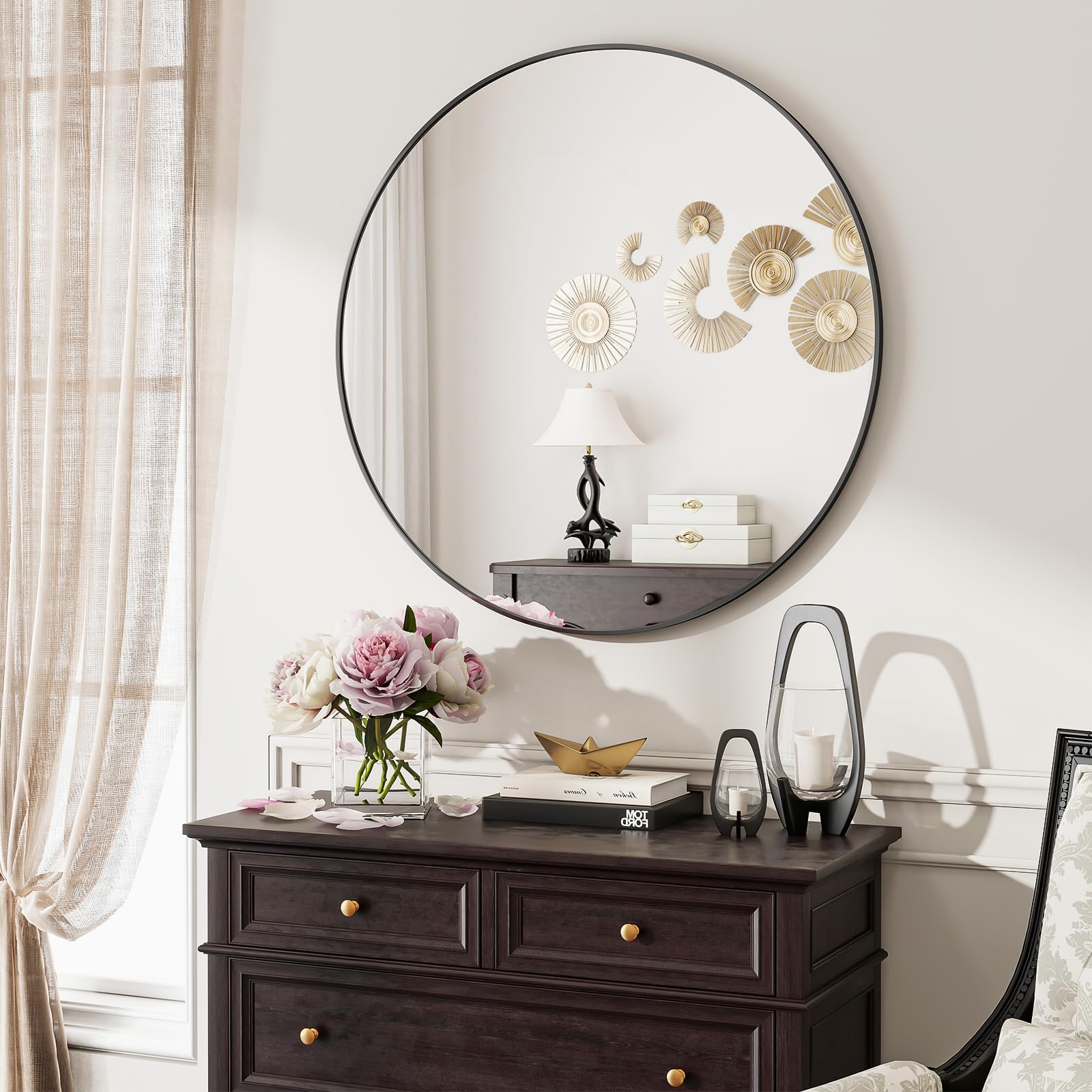 Koonmi 76 cm Black Round Mirror, Circle Wall Mirror with Aluminum Alloy Frame, Classic for Bathroom over the Sink, Hanging Hallway on the Wall, Black