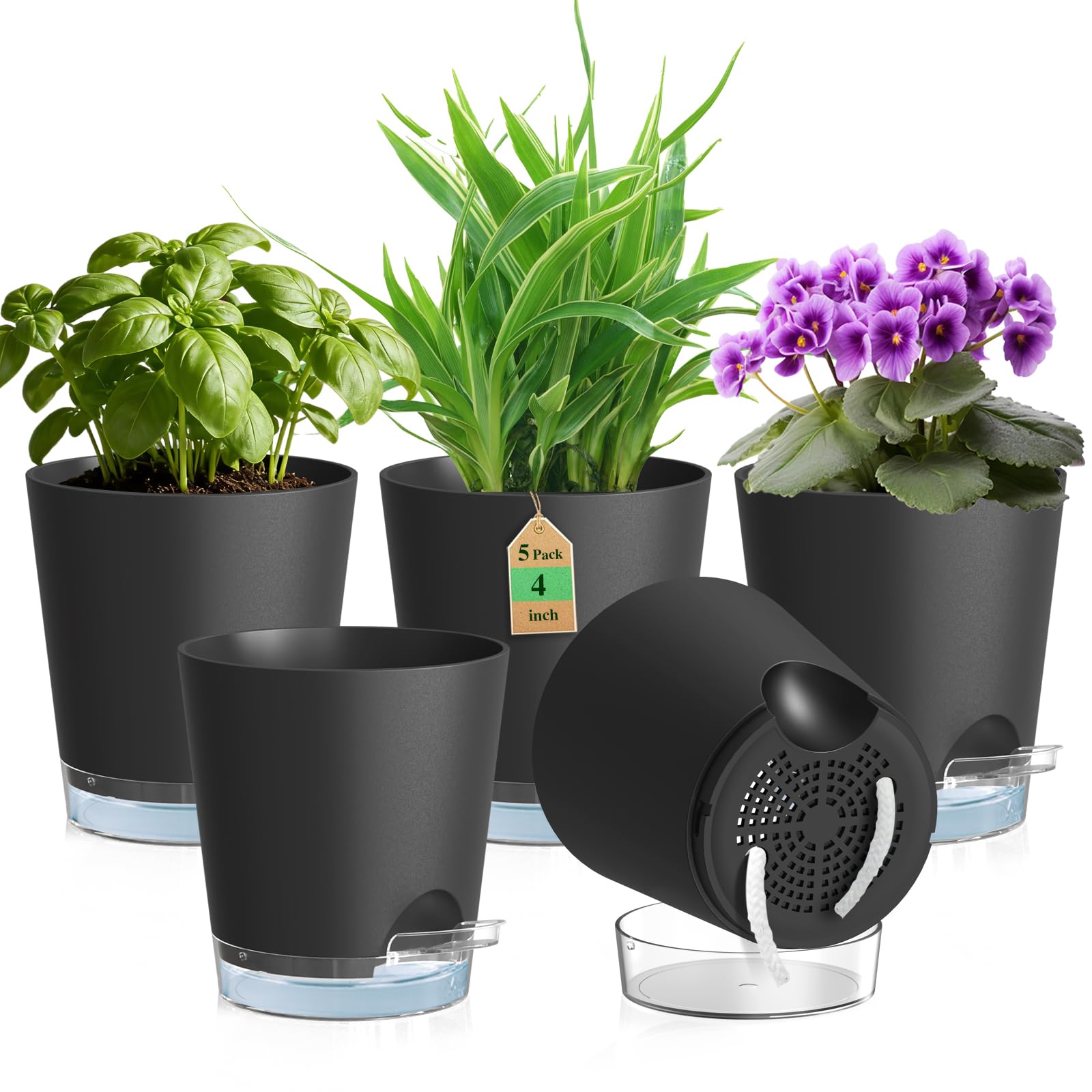 WSMKSZ 10,2 cm Selbstbewässerungstopf, 5er Set Kunststoff Blumentöpfe mit Abflusslöchern und Transparentem Wasserreservoir, Sichtbarer Wasserstand, Pflanztöpfe Klein für Zimmerpflanzen, Schwarz
