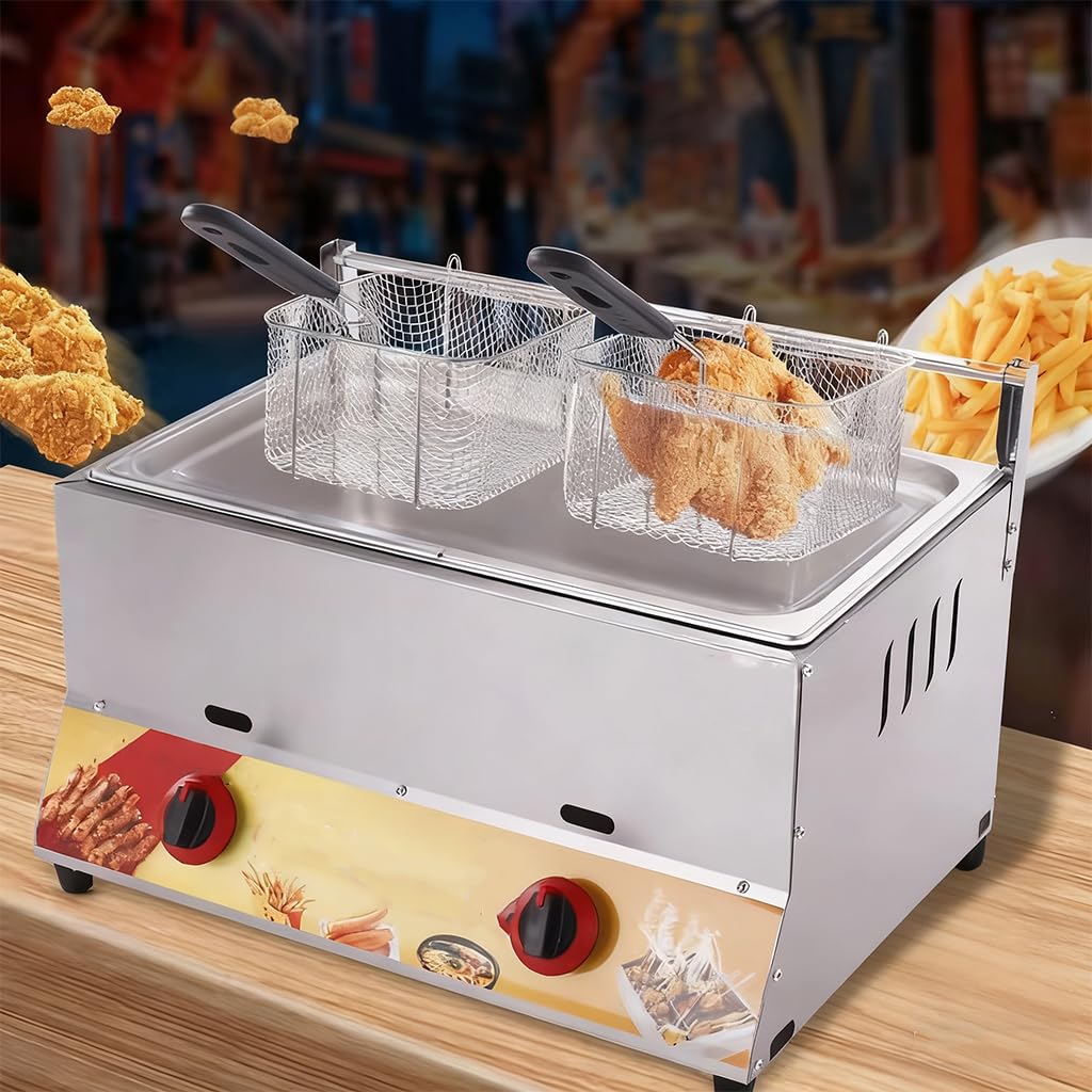 Freidora Industrial De 8l, Freidora De Metano De Acero Inoxidable, Freidora De Un Solo Recipiente, 1 Cesta Colgante, Diseño Modular, Desmontable,Quemador Metálico