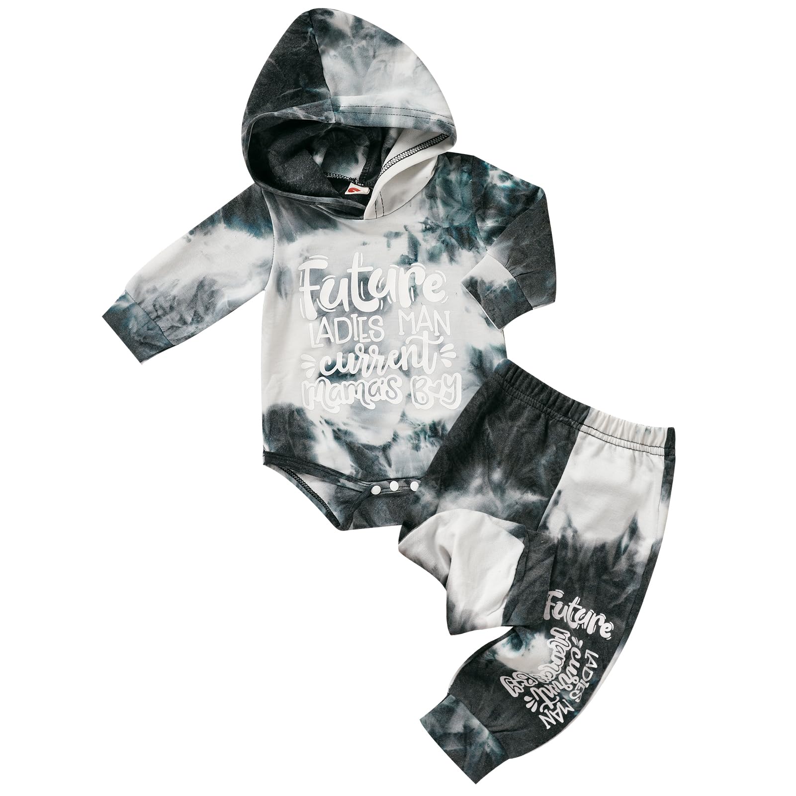 ZOELNICInfant Baby Boy Clothes Tie-dyed Letter Print Long Sleeve Hoodies Romper + Long Pants 2PCS Fall Winter Outfits Set