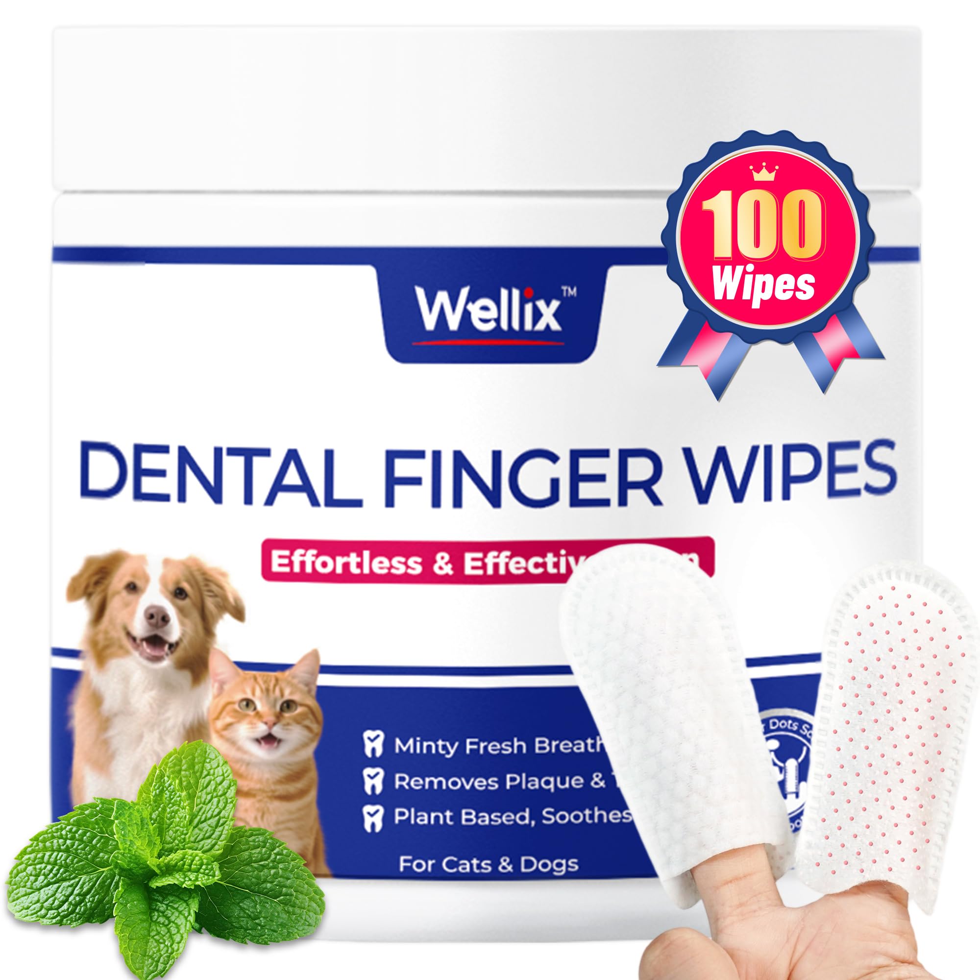 Wellix 100 Count Dog Teeth Cleaning Wipes for Dogs & Cats - Natural Formula Dental Care Finger Wipes Reduces Dog Plaque, Tartar & Bad Breath - No-Rinse Disposable Dog Dental Wipes