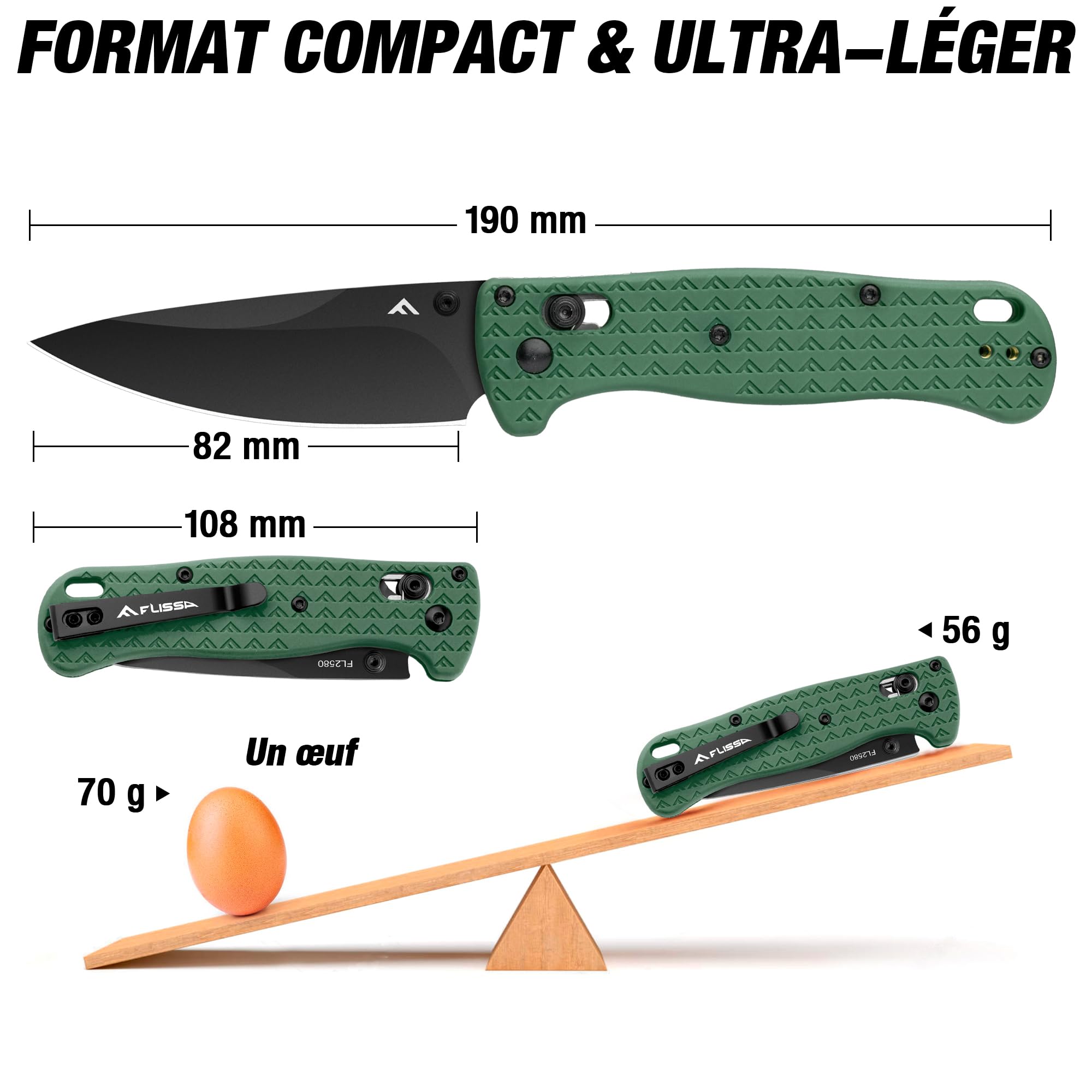 FLISSA Couteau Pliant de Poche 14C28N, Lame Haute Performance Meulée CNC avec Revêtement Titane Noir, Couteau de Poche EDC avec Clip, Idéal pour Usage Quotidien et Activités de Plein Air, Vert