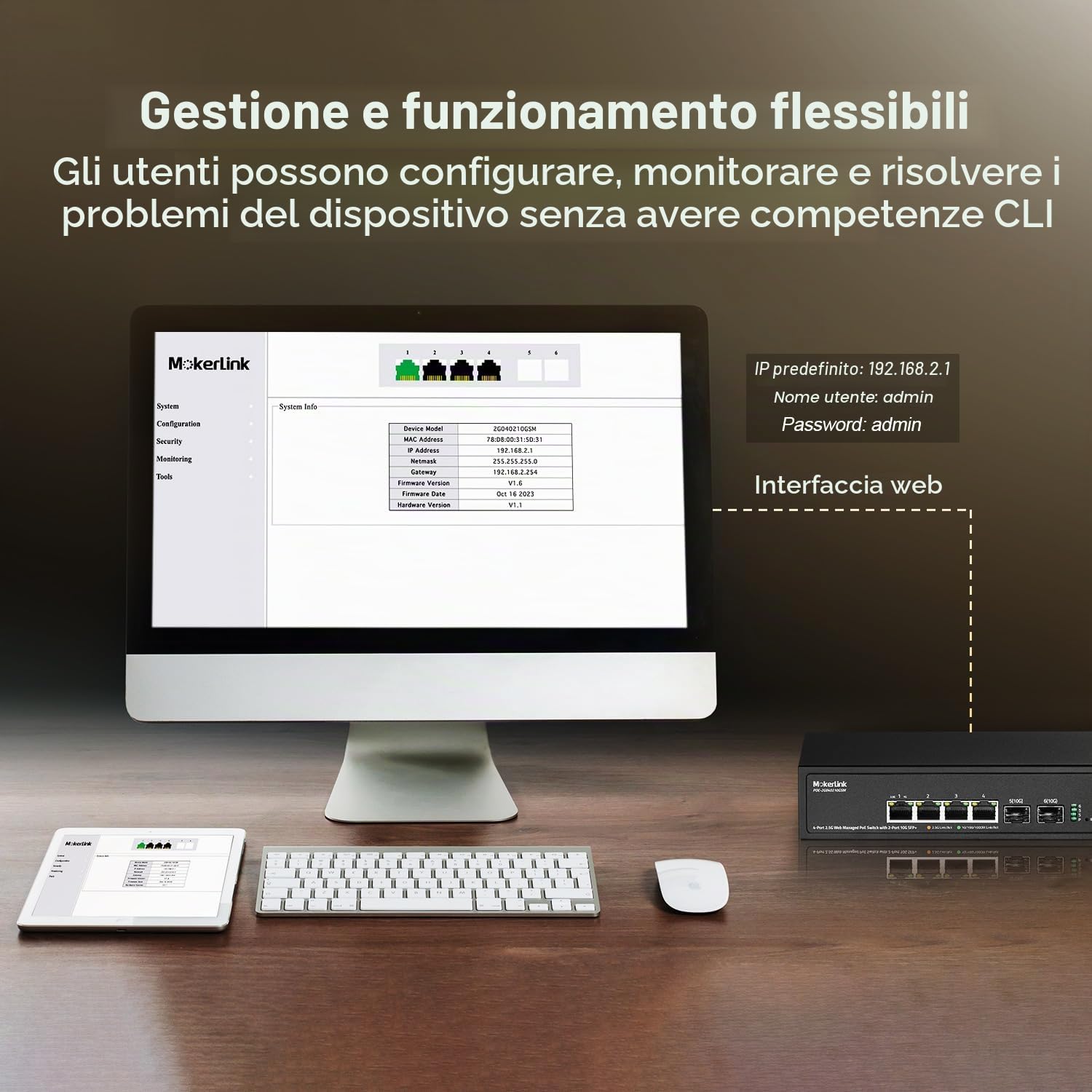 MokerLink Switch gestito PoE a 4 porte 2,5G con 2 porte slot 10G SFP+, IEEE8023af/at PoE 78W, dimensioni mini in metallo senza ventola, Easy Web Managed Network Switch