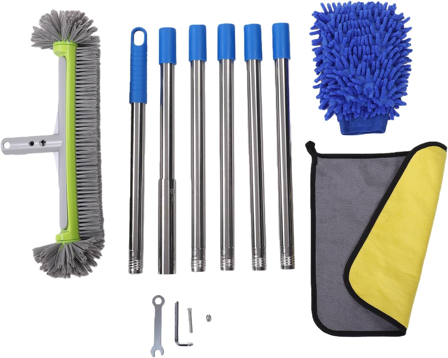 Zunate Pool Brush Set with 20" Detachable Head & 225CM Aluminum Pole, 6-Section Spacer Sleeve/Shaft Extender for Wall Floor Corner, Includes Hook, Cloth, Sleeve, Wrenches