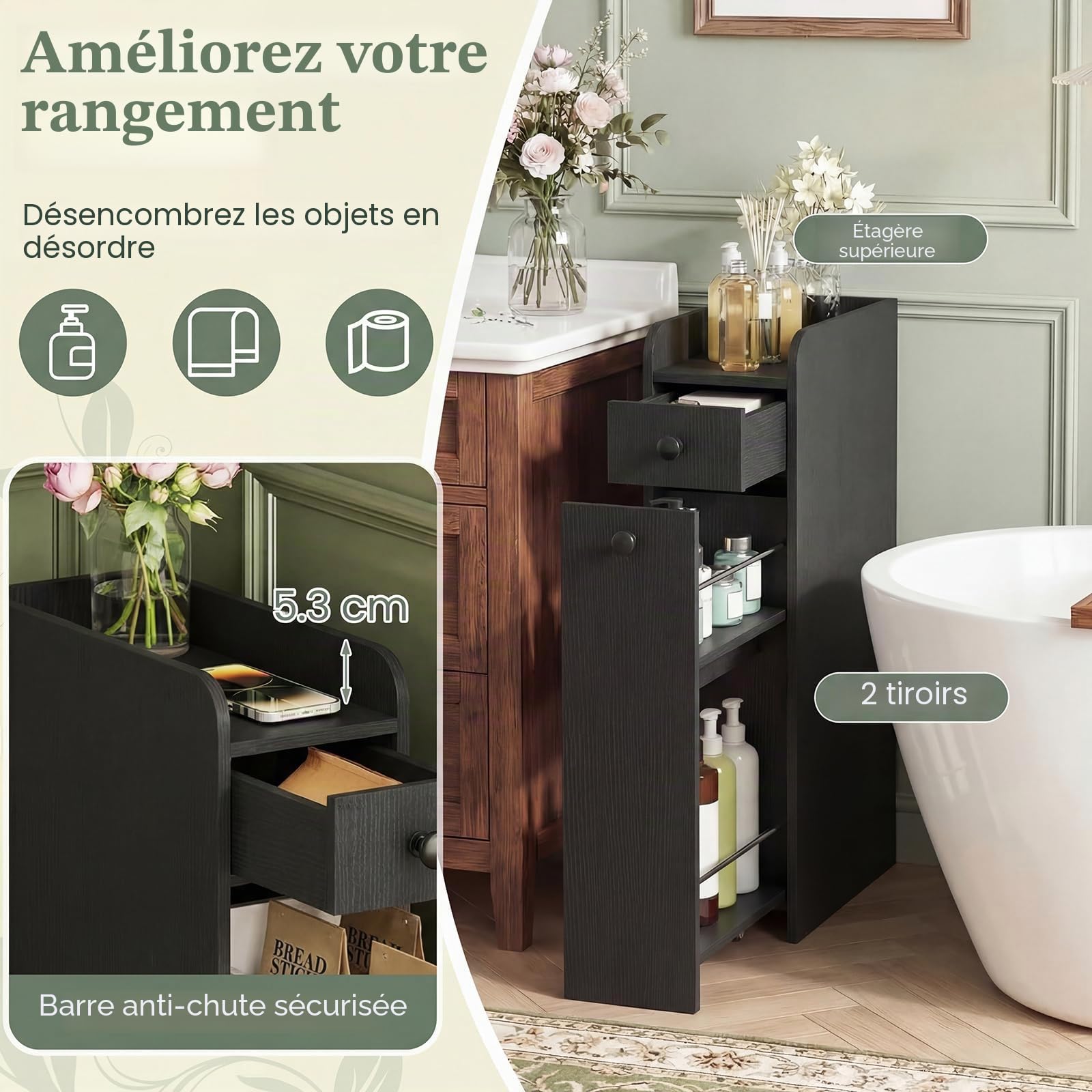 GIANTEX Petit Meuble Salle de Bain à 2 Tiroirs, Meuble WC Etroit avec 2 Roues, Dispositif Anti-Basculement, Rangement Toilette WC Petit Espace, Meuble Papier Toilette,18 x 40 x 70 cm, Noir