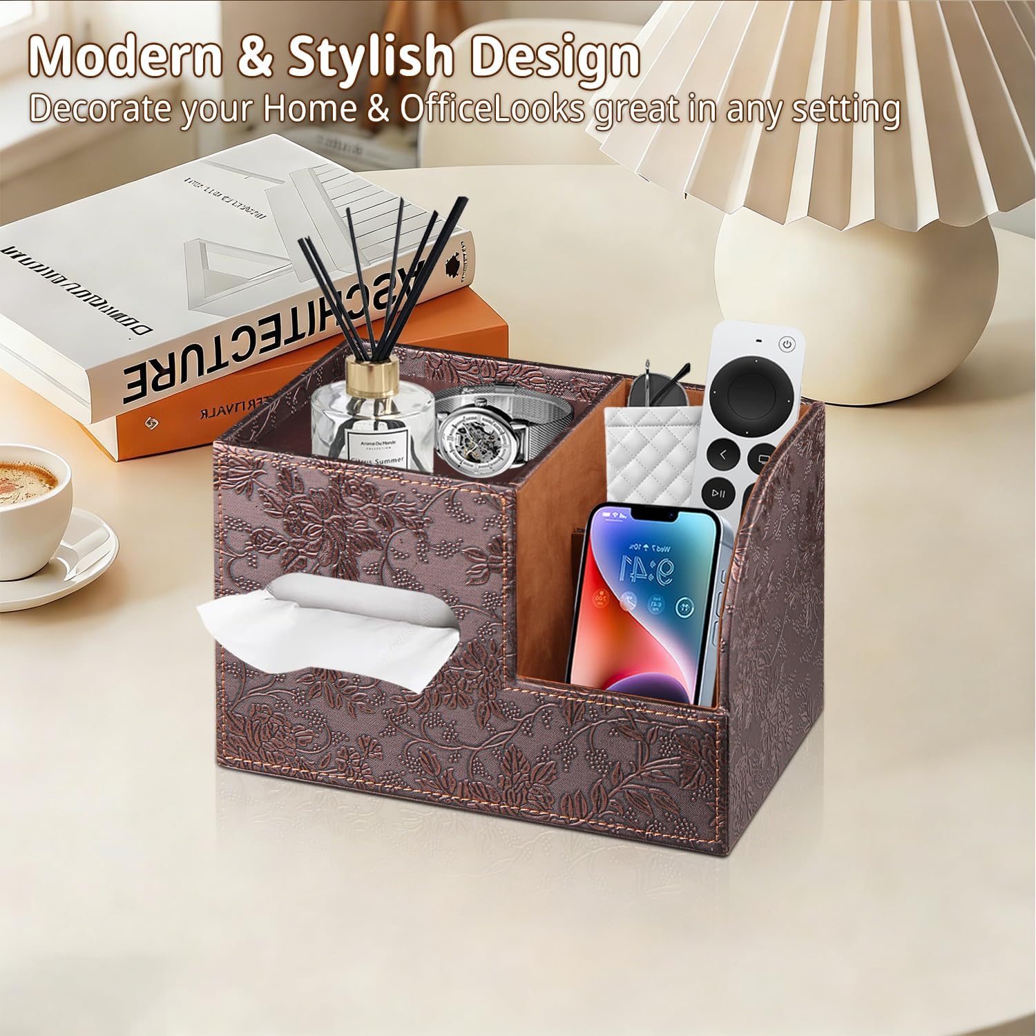 Leather Square Tissue Box Cover with Storage Tray,Cube Tissue Box Holder,Modern Facial Paper Organizer with Remote Control Holder for Bathroom,Vanity Countertop,End Table NightStand Home Office