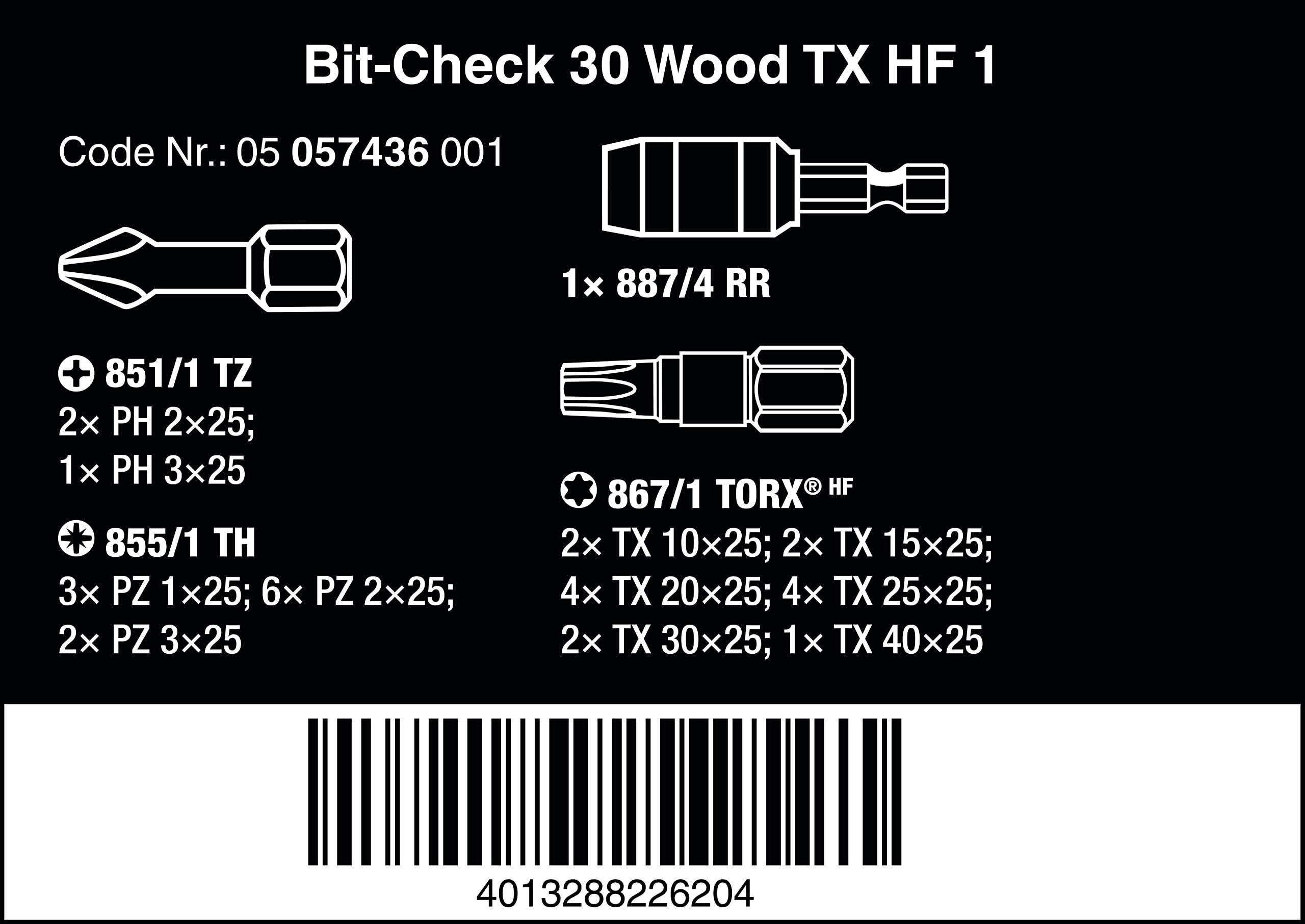 Wera - 05057436001 - asortyment bitów, Bit-Check 30 Wood TX HF 1, 30-częściowy