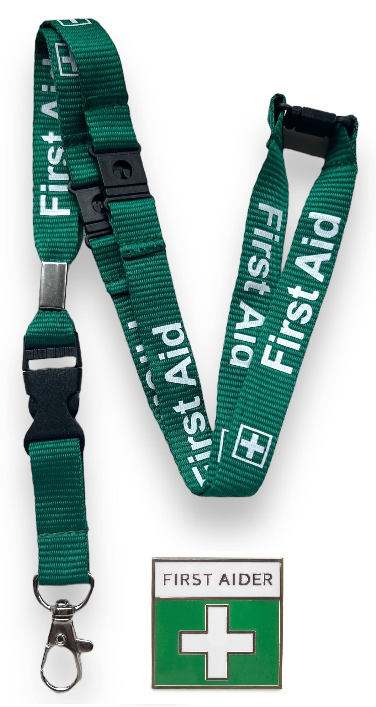 PAC Supplies Global15mm Green First Aid Lanyard With 3 Point (Triple) Safety Breakaway & Detachable Buckle Clip & First Aid Pin Badge