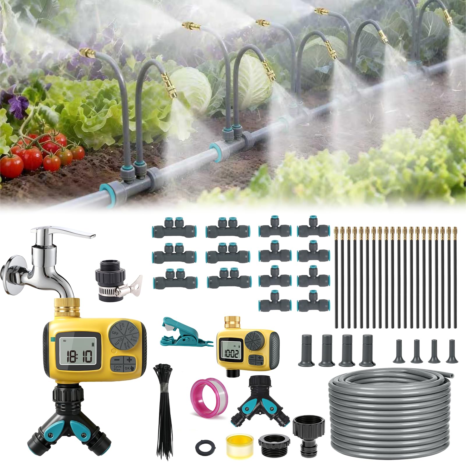 Drip Irrigation System Kit 98FT with Smart Water Timer for Garden, 360° Adjustable Emitters, 20 Nozzles & 1/2'' Hose, Automatic Watering for Agriculture Irrigation, Yard, Lawn