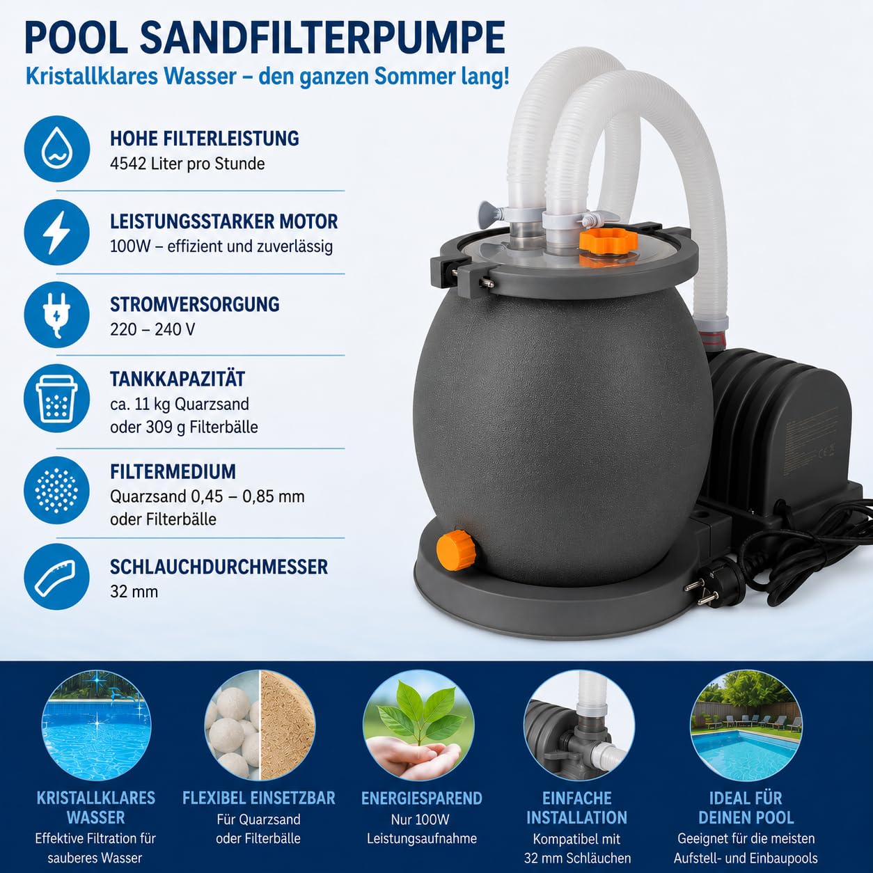 COIL Pool-Filterpumpe Sandpumpe, Sandfilter für schwimmbäder, Filterpumpe, Förderleistung: 4542 l/h, Leistung: 100W, Spannung: 220–240 V