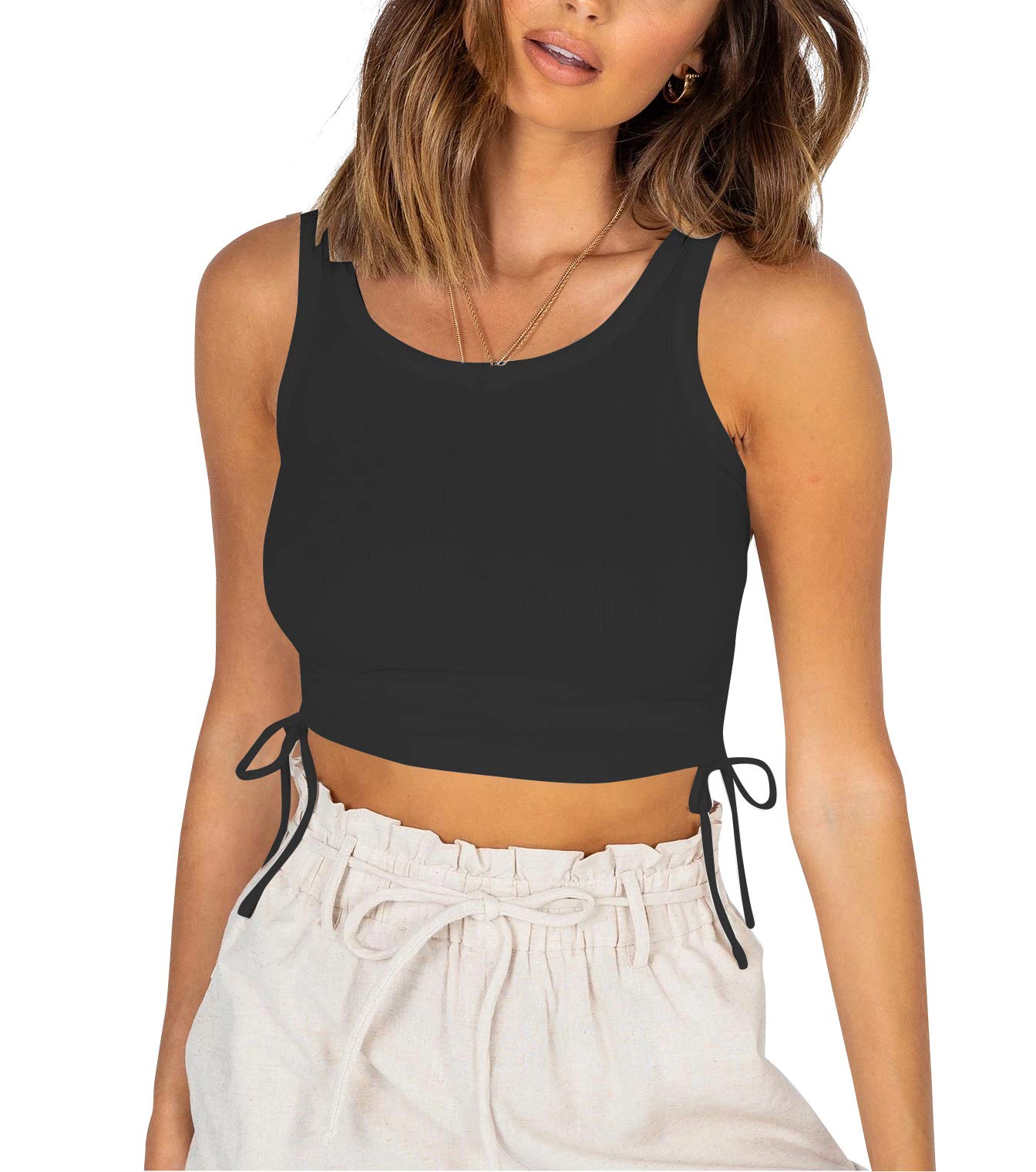 NERLEROLIAN Women's Strappy Tank Tops Casual Sleeveless Ribbed Stretchy Vest Top Black Small