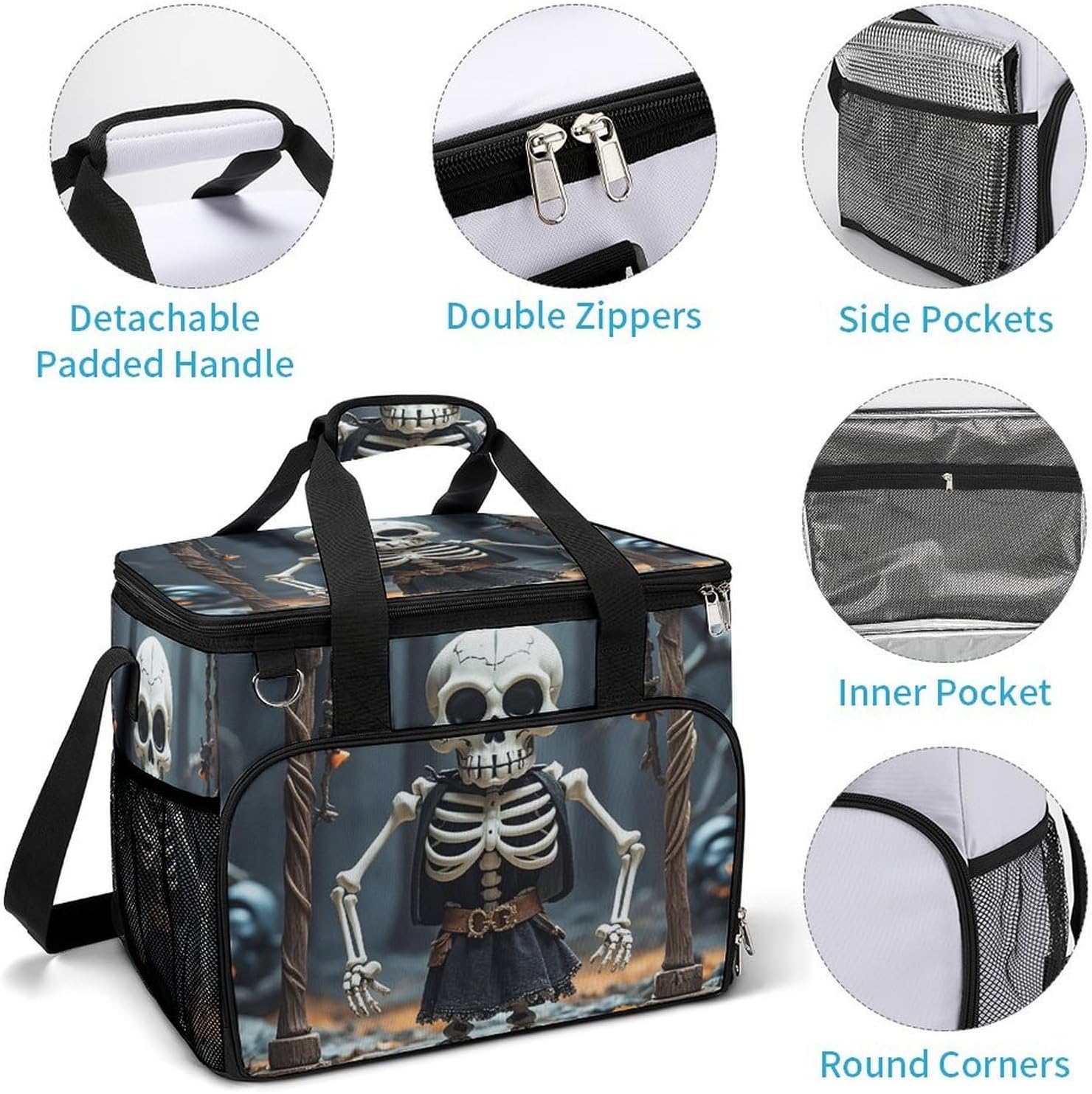 Insulated Picnic Backpack Tote Bag, Large Capacity 30L Skull Cooler Bag Leakproof Beach Bags Portable Lunch Box Waterproof Picnic Basket for Beach Camping BBQ