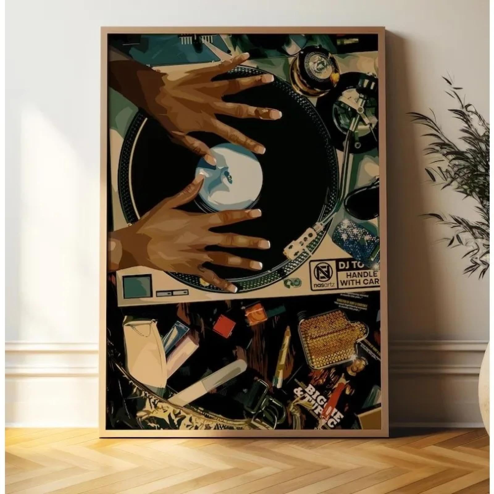 LZJAGXX Czarna kobieta płyta winylowa muzyka modny plakat na płótnie preppy sztuka dziewczęca funky obraz nadruk sypialnia dekoracja domu 70 x 100 cm rama