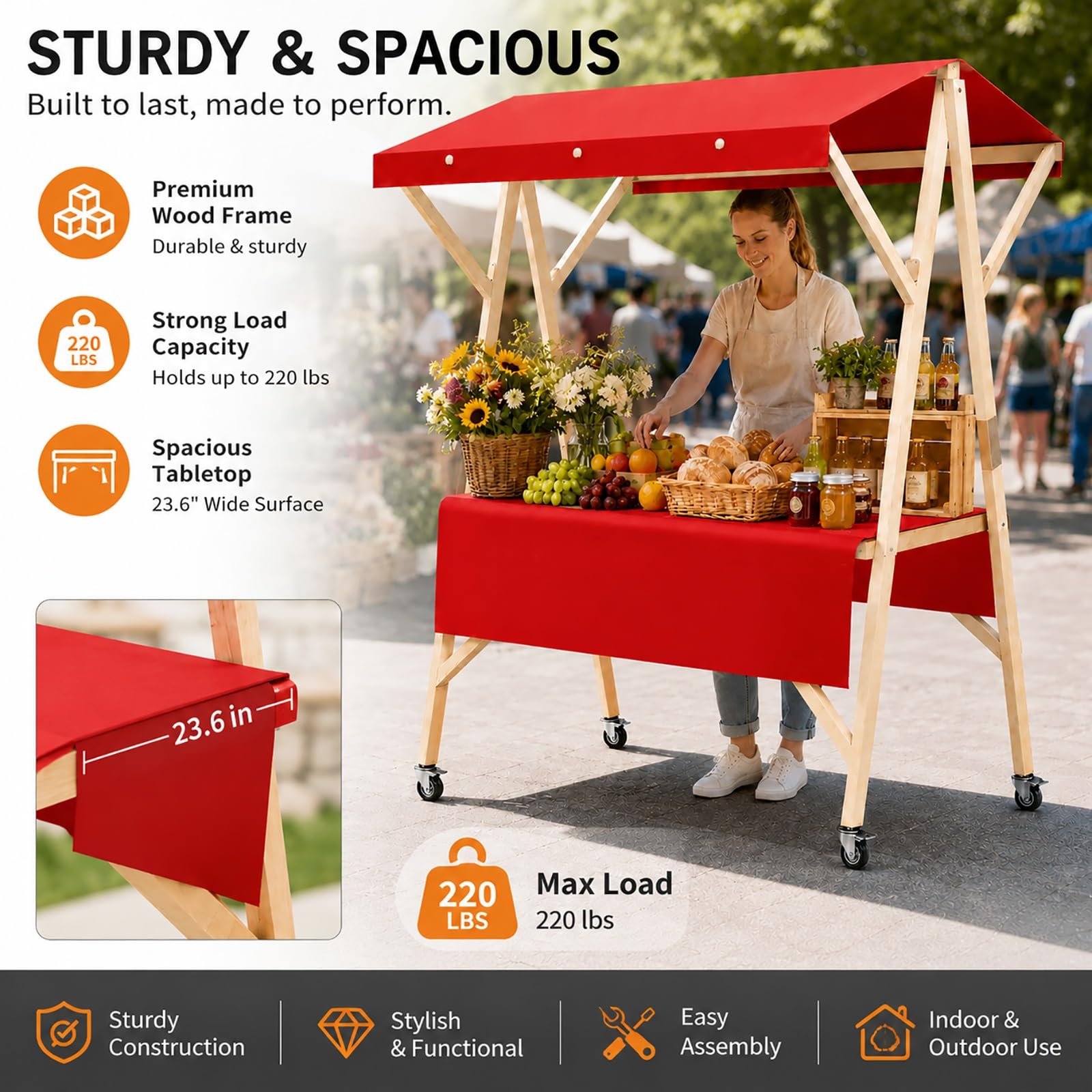 Carrello portatile con ruote, pieghevole, per mercati, eventi e cabine degli agricoltori all'aperto, display da 47 pollici per frullati, limonata e altro