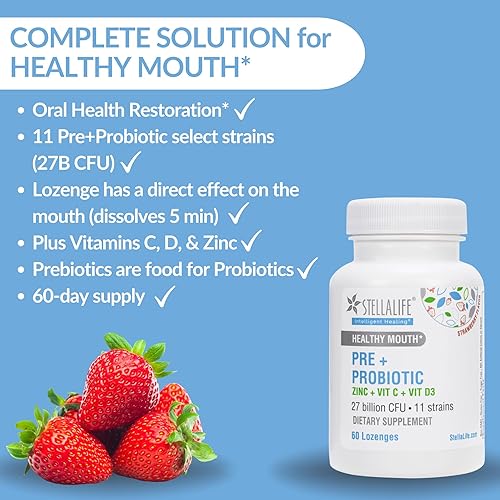 Miniatura 2 de StellaLife Probióticos Orales PRE+PROBIÓTICOS LOZENGES: 27B CFU, 11 cepas, probióticos dentales para dientes y encías saludables, mal aliento, VIT C