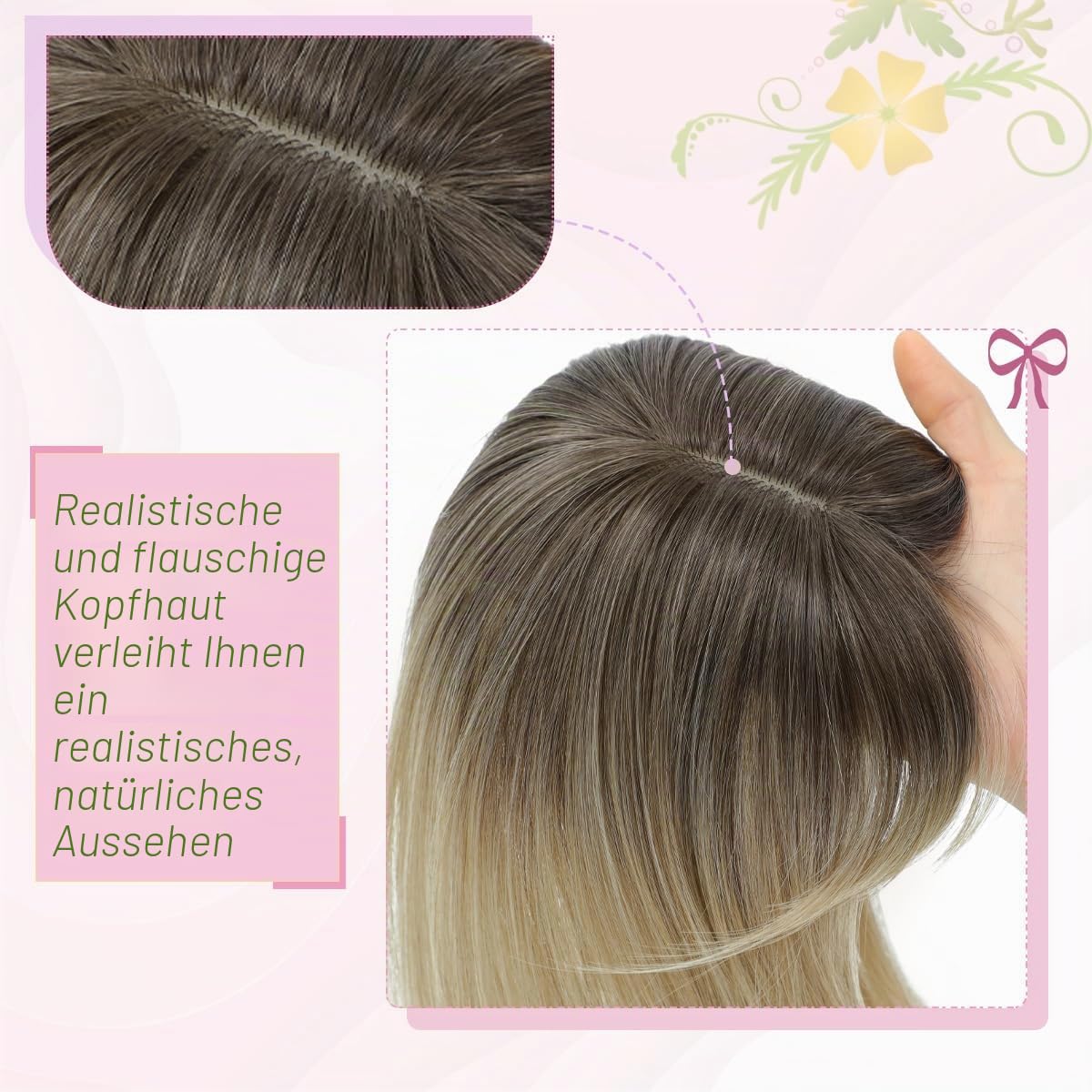 Haaraufsatz von 45,7 cm, zur Verdichtung der Haare, natürliche glatte Haare mit Pony, für Frauen, mit Basis von 10,2 x 12,7 cm