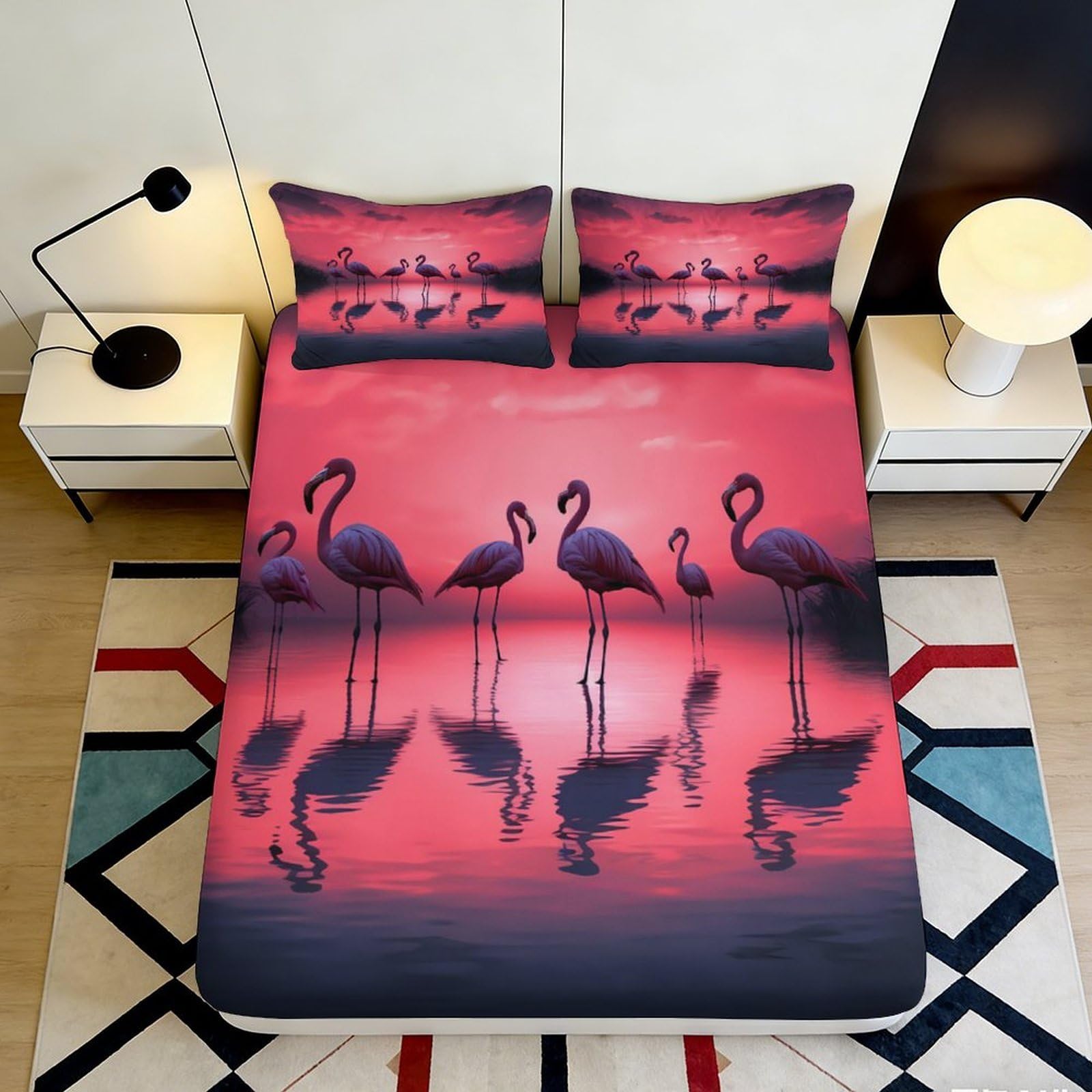 3D Printed Flamingo Fitted Sheet Microfiber Soft Breathable Sunset Reflection Mattress Cover for Bedroom Dorm Dormitory Guest Room Protection 140x200x25cm