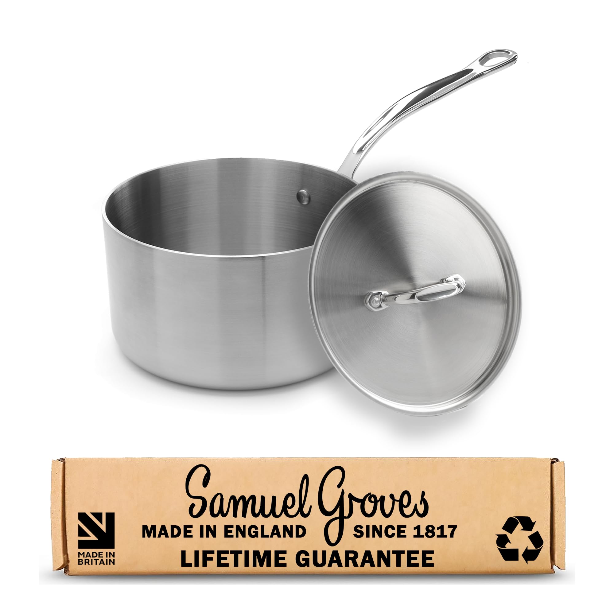 Samuel Groves 16cm Stainless Steel Saucepan with Lid, Tri-Ply Induction Sauce Pan, Oven Safe Professional Cookware, Uncoated Metal Pan for Gas, Electric & Ceramic Hobs, Made in England Since1817