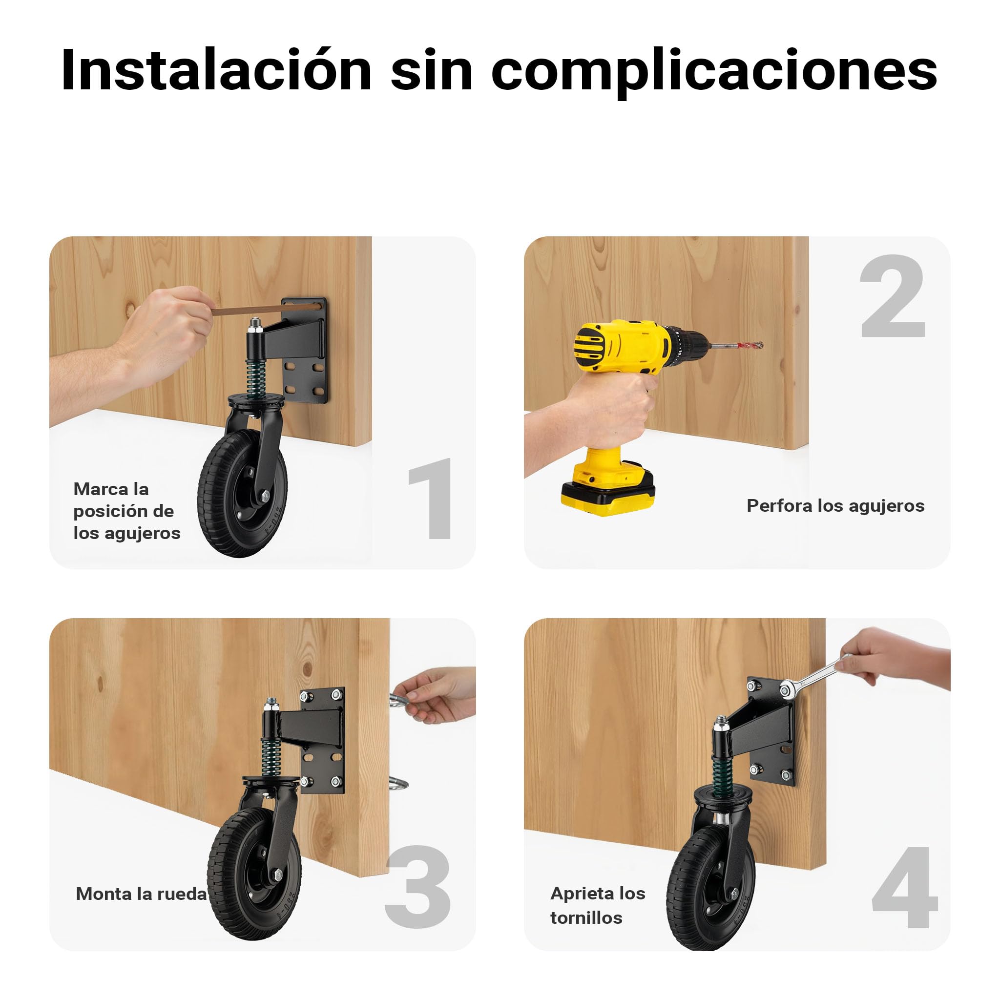 Wiltec Rueda de puerta con muelle 200 mm Soporta hasta 275 kg Rueda giratoria para portón con freno, resiste intemperie y terreno irregular, recubrimiento en polvo