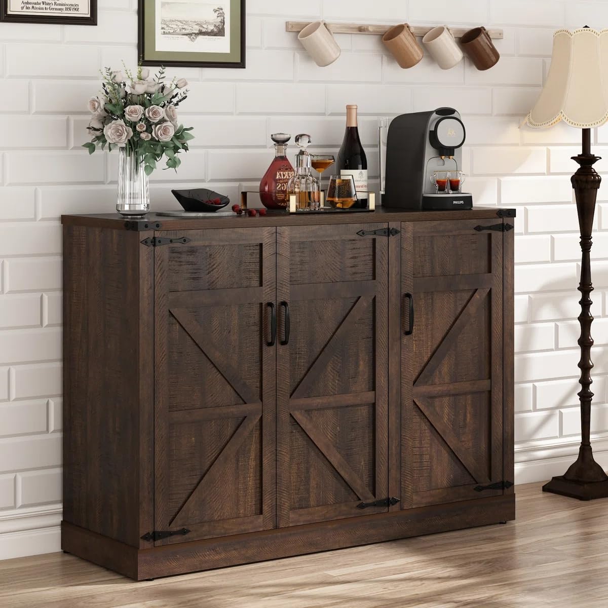 Willa Wood Farmhouse Storage Cabinet with Barn Doors, Walnut Finish, 120W x 86H x 40D cm, Rustic Sideboard Buffet with Adjustable Shelves-image-49