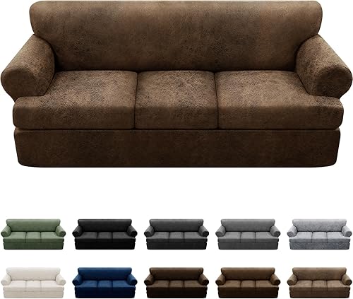 Miniatura 1 de Funda para sofá de 4 piezas, con aspecto de piel, para sofá de 3 cojines, color marrón