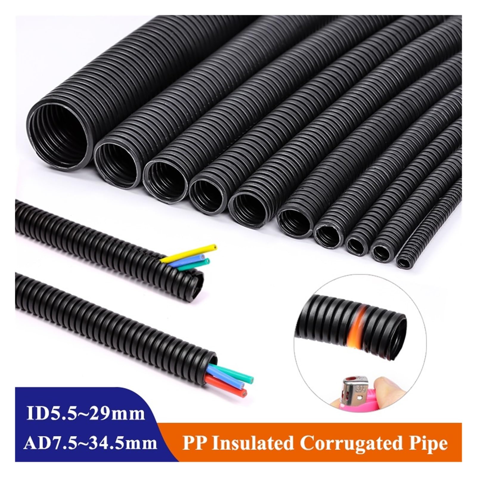 Tubo corrugato isolato in PP nero AD 7,5 mm ~ 34, tubo flessibile plastica, guaina protettiva resistente al calore perfection(AD25xID20mm open,5 Meters)