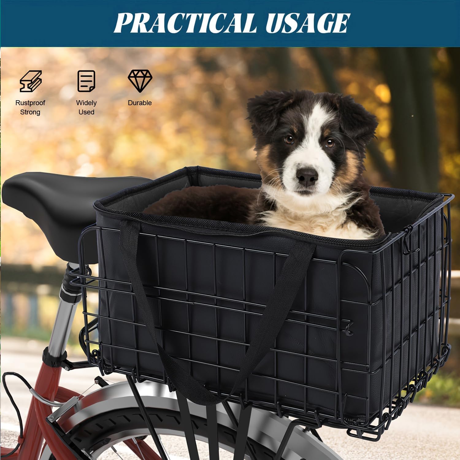 Rear Bike Basket, YAOBVIS Large Folding Bicycle Basket with Waterproof Liner Bag, Waterproof Cover & Cargo Net, Quick Release Design for Carrying Pet Groceries Dog Ebikes Mountain & City Bike