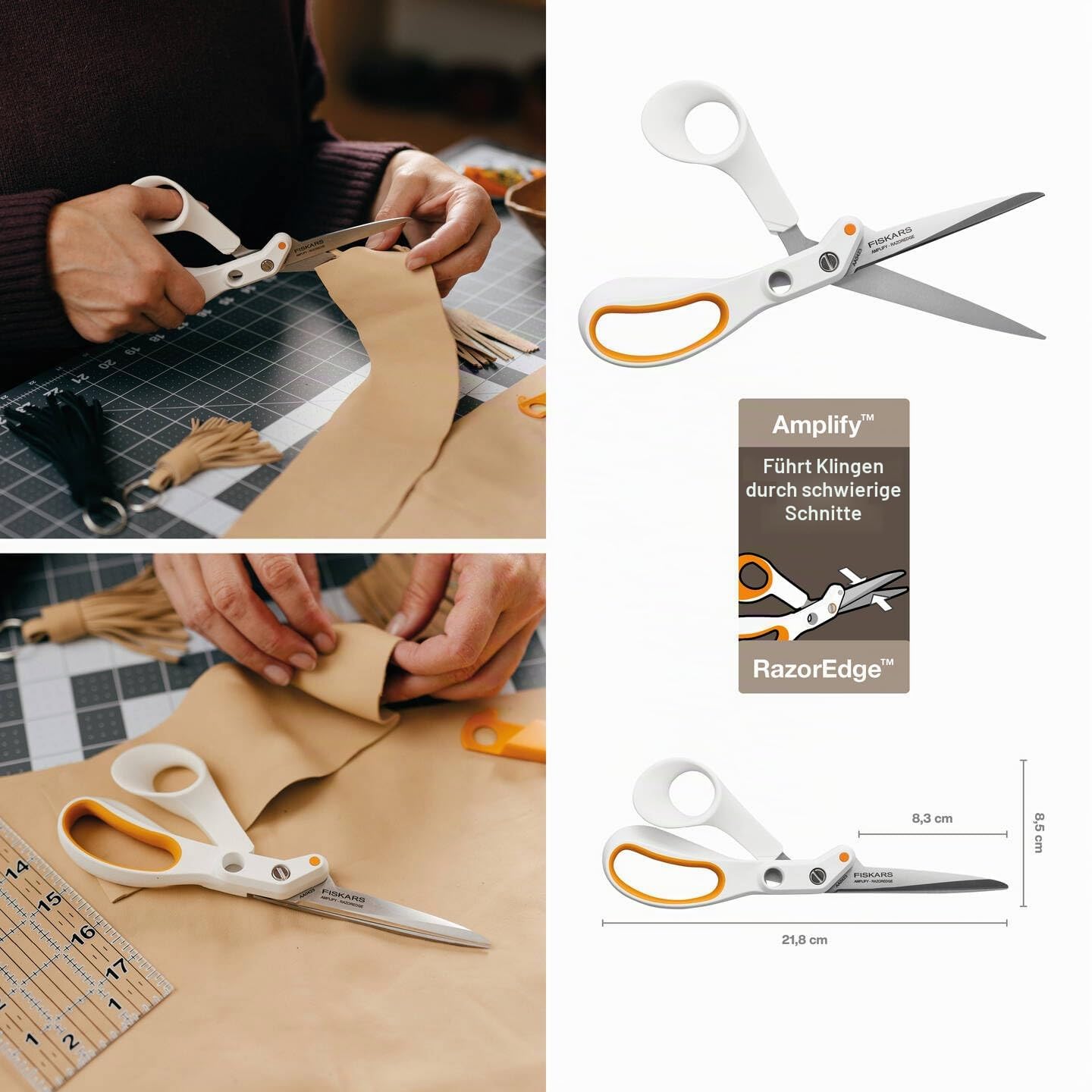 Fiskars Razor Edge Schneiderschere, Länge: 21 cm, Rostfreie Stahl-Klinge/Kunststoff-Griffe, Weiß/Orange, Amplify, 1070081