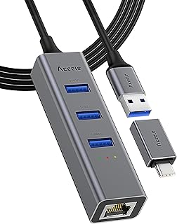 Aceele USB to Ethernet Adapter, 2ft Extension Long Cable Cord, USB Hub 3 Ports USB 3.0 Splitter RJ45+Gigabit Ethernet Network Adapter, with USB Type C Adapter, Support Windows 11/10, MacBook, Surface.