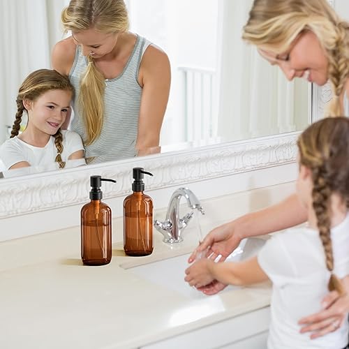Vista 59 de AmazerBath Dispensador de jabón de vidrio ámbar, paquete de 2 botellas vintage marrón con bomba de acero inoxidable, botella dispensadora de jabón
