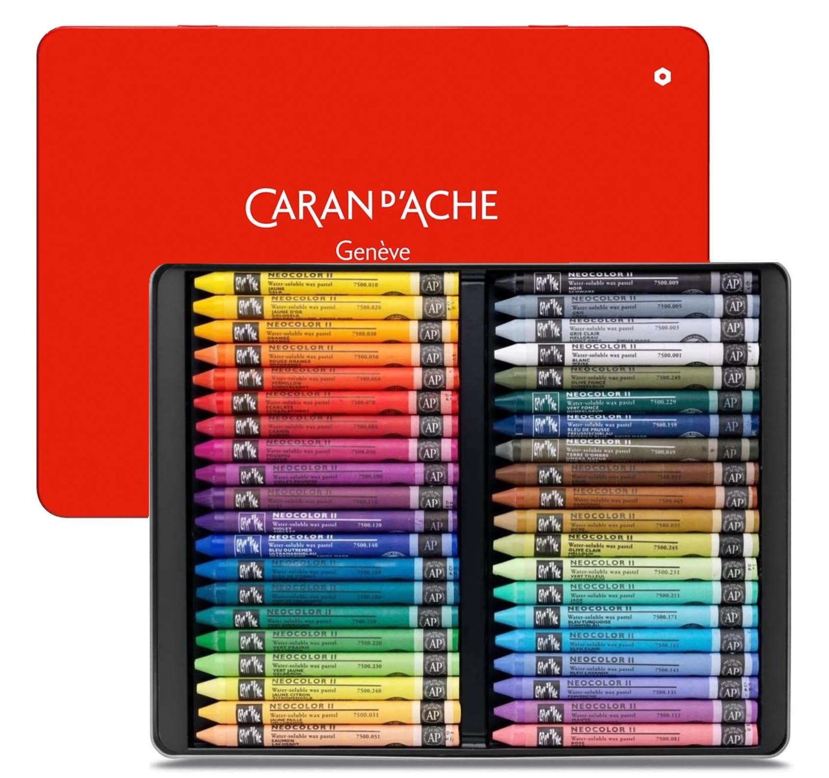 Caran d'Ache Neocolor II, Wachspastellkreiden, Aquarellstifte, 40 Stück und 1 EMI Craft Postkarte