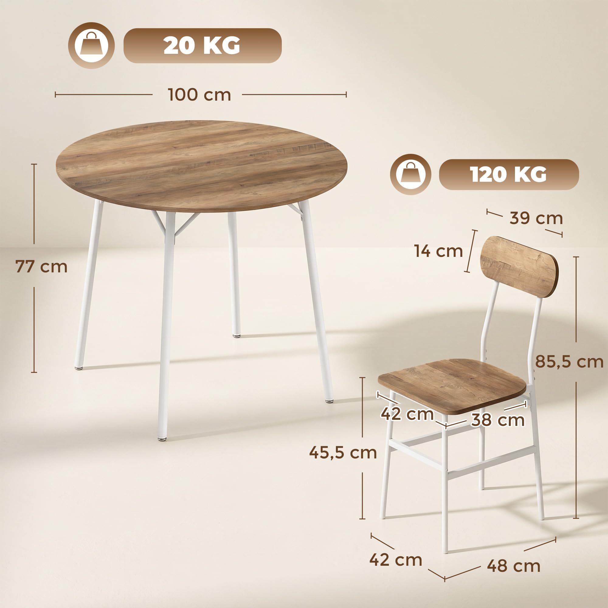 HOMCOM Table Salle à Manger avec 4 Chaises, Plateau Rond Ø 100 cm, Cadre Métal, Style Industriel