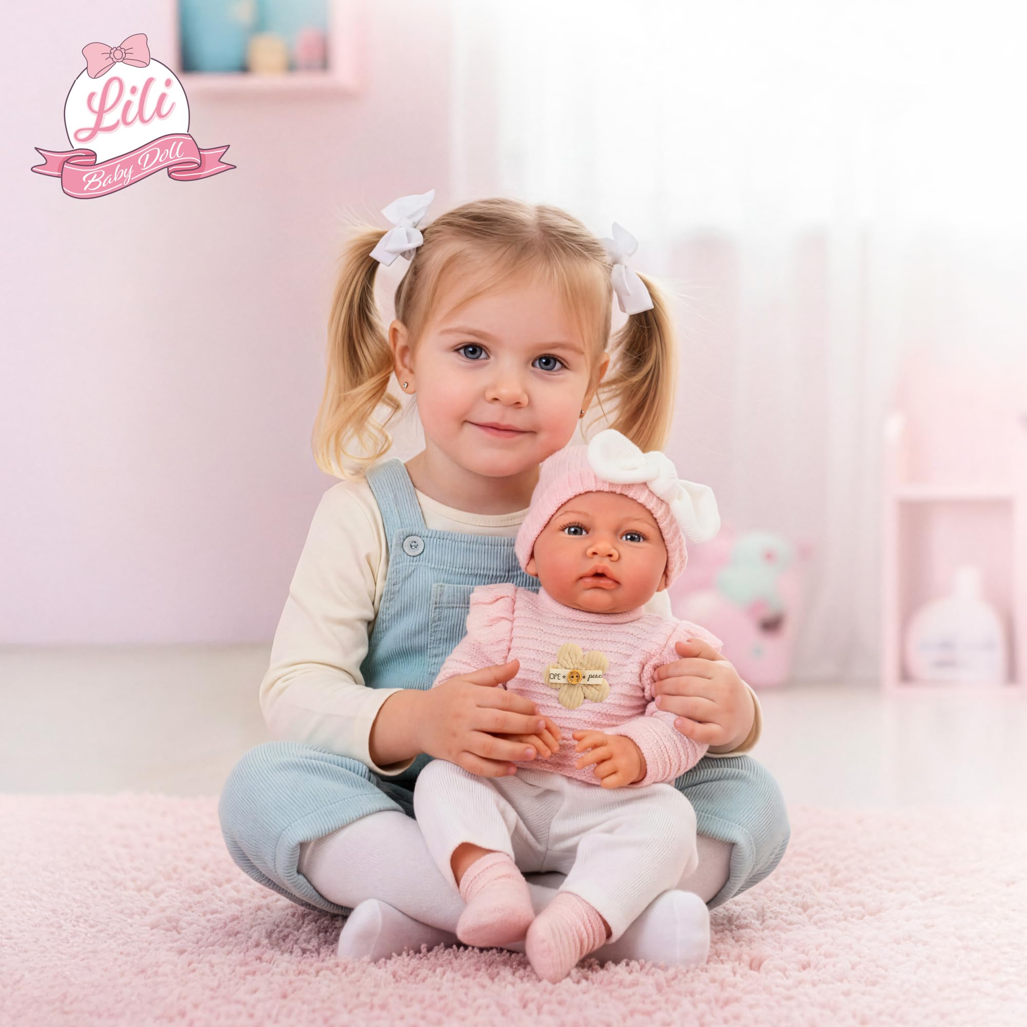 Kinderplay Lili Babypuppe 41 cm, realistische Weichkörperpuppe mit Geräuschfunktion und Schnuller, rosa Outfit, waschbare Kleidung, interaktive Puppe ab 3 Jahren, CE, Modell KP4204