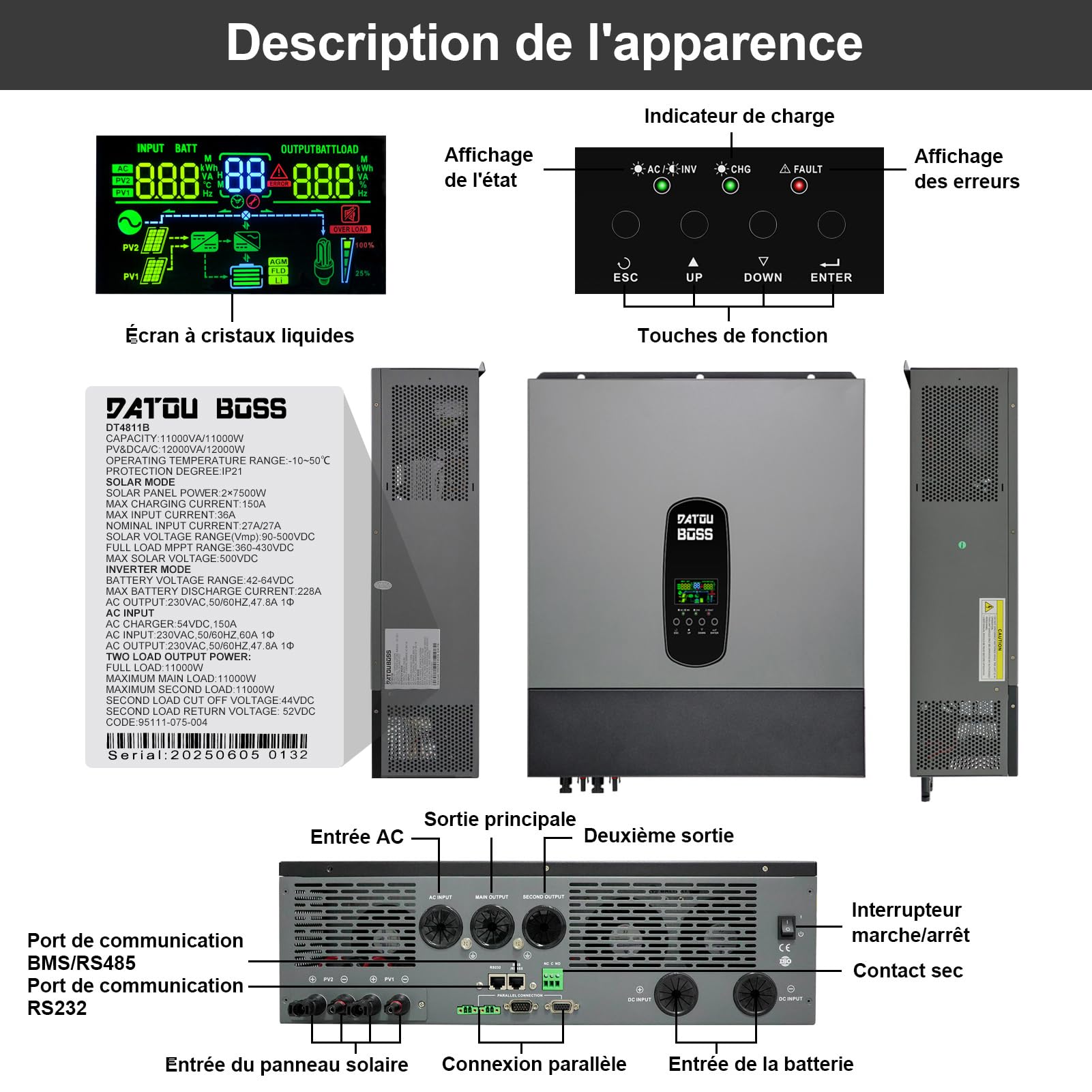 DATOUBOSS 11KW Onduleur Solaire Hybride 48v Pur Sinus, Onduleur Hybride Connecté au Réseau, Prend en Charge la Connexion Parallèle et Fonctionnement sans Batterie avec Contrôleur Solaire MPPT 150A