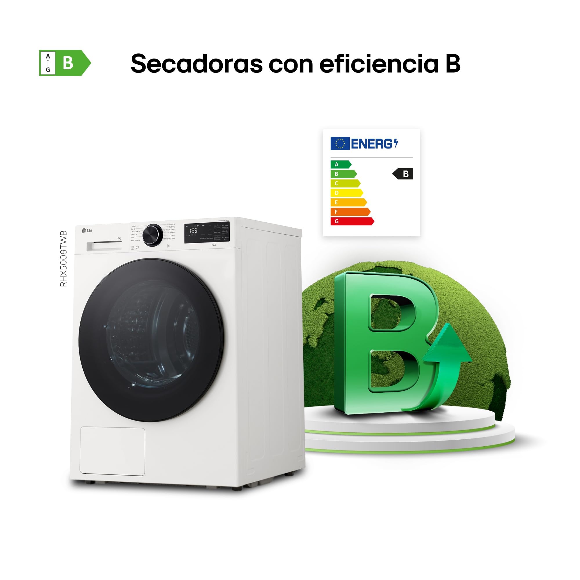 LG RHX5009TLB - Secadora con Inteligencia Artificial 9kg, Bomba de Calor Dual Inverter, Eficiencia Clase B, Serie 500, Tecnología AI Dry, Eco Hybrid, Conectividad Wi-Fi ThinQ, Blanco