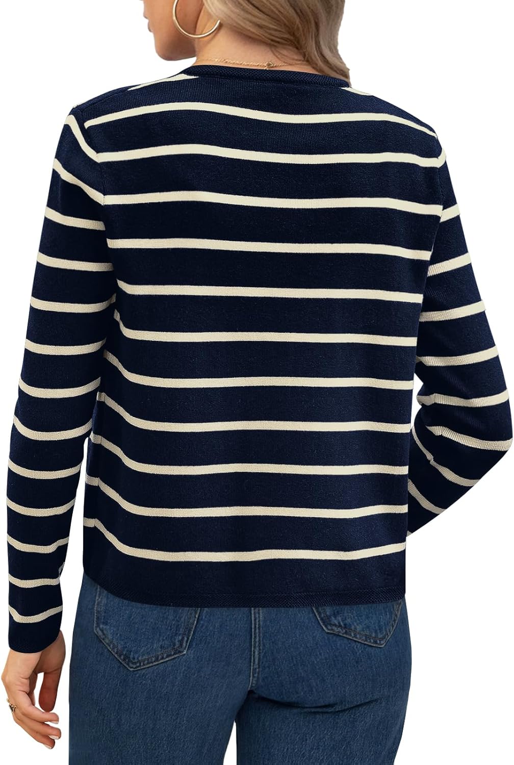 Elesomo Womens Striped Cardigan Business Casual Crew Neck Button Front Cardigans Sweater - Image 4