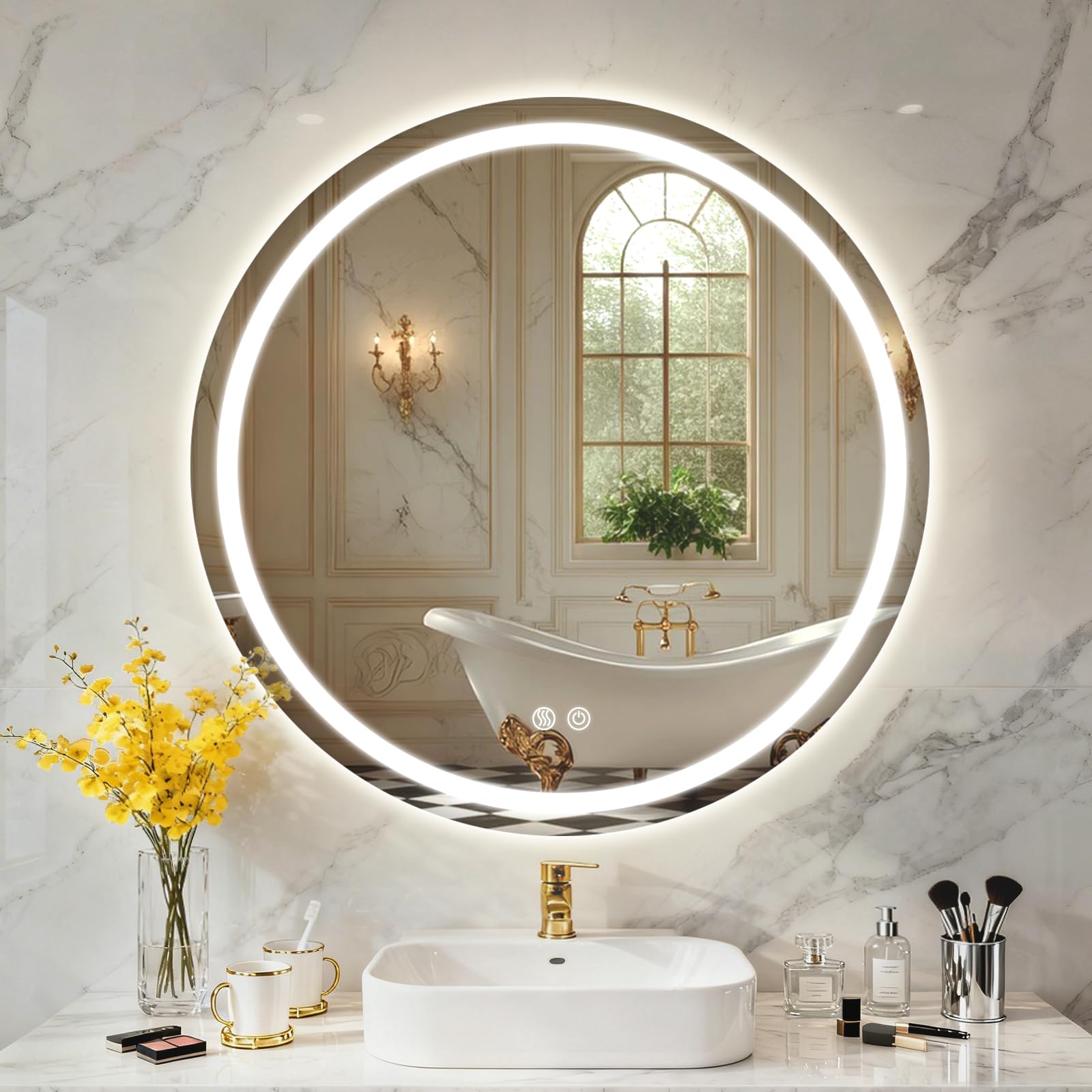 TANTEC 500mm Round Bathroom Mirror with LED Lights, Anti-Fog, 3 Colors Dimmable, Backlit + Front Light, Lighted Bathroom Vanity Mirror for Wall, Shatterproof Tempered Glass, Memory Function