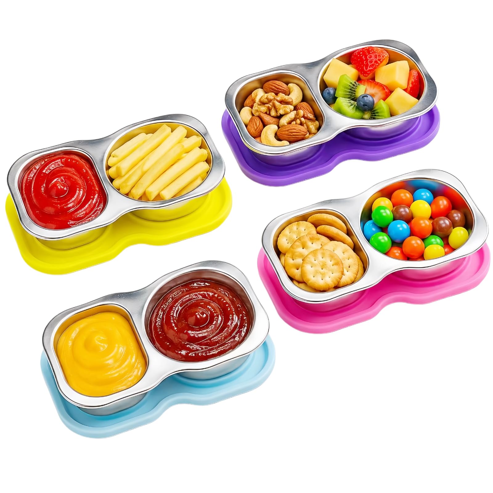 Snack Containers with Lids,5oz Stainless Steel Snack Containers,Reusable Salad Dressing Container To Go,2-Compartment Stainless Steel Containers with Lids,With a Leak-Proof Silicone Cap (4-Pack)