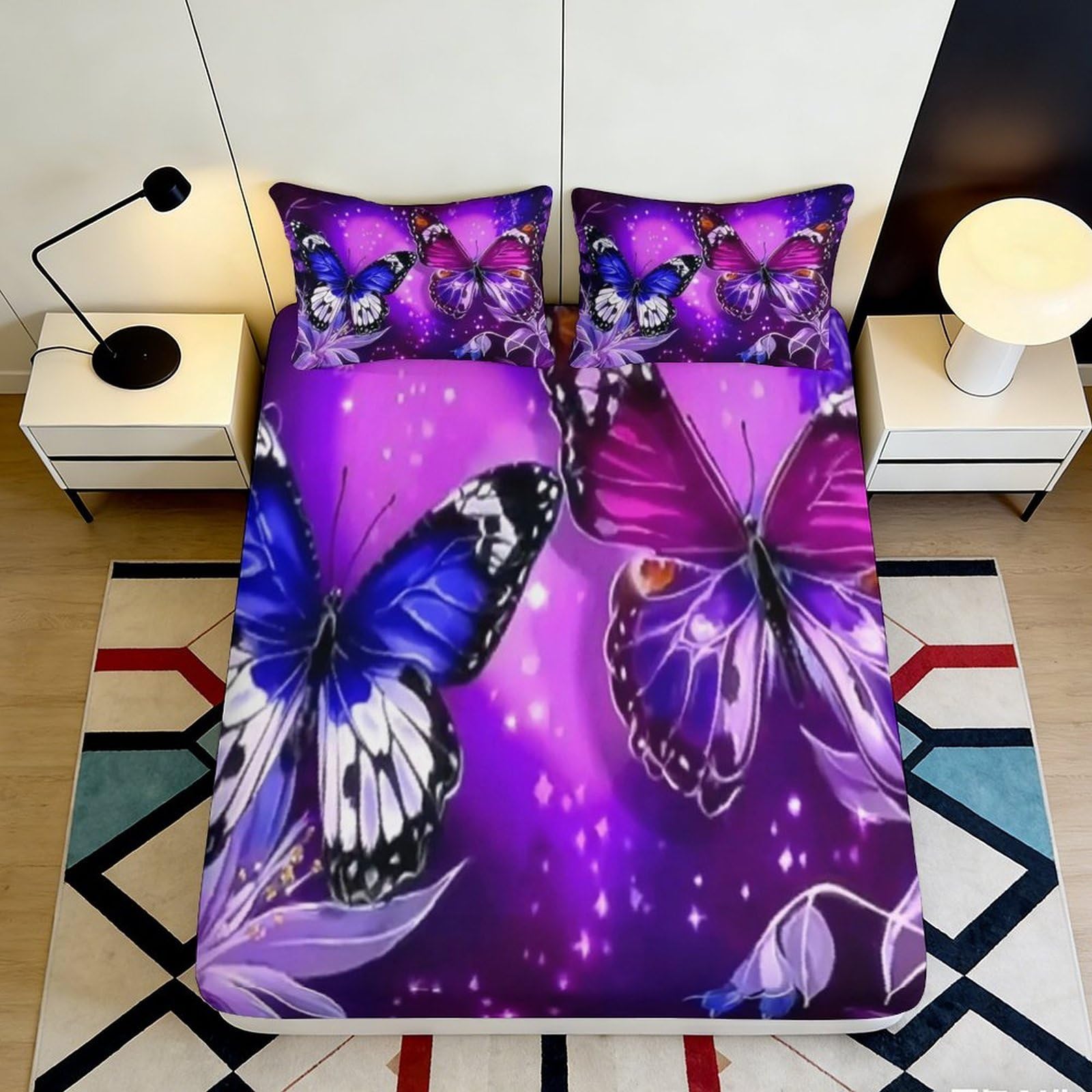 3D Printed purple butterfly Fitted Sheet, Microfiber soft touch, wrinkle resistant, bed cover for home decor, guest room bedding, machine washable 160x200x25cm