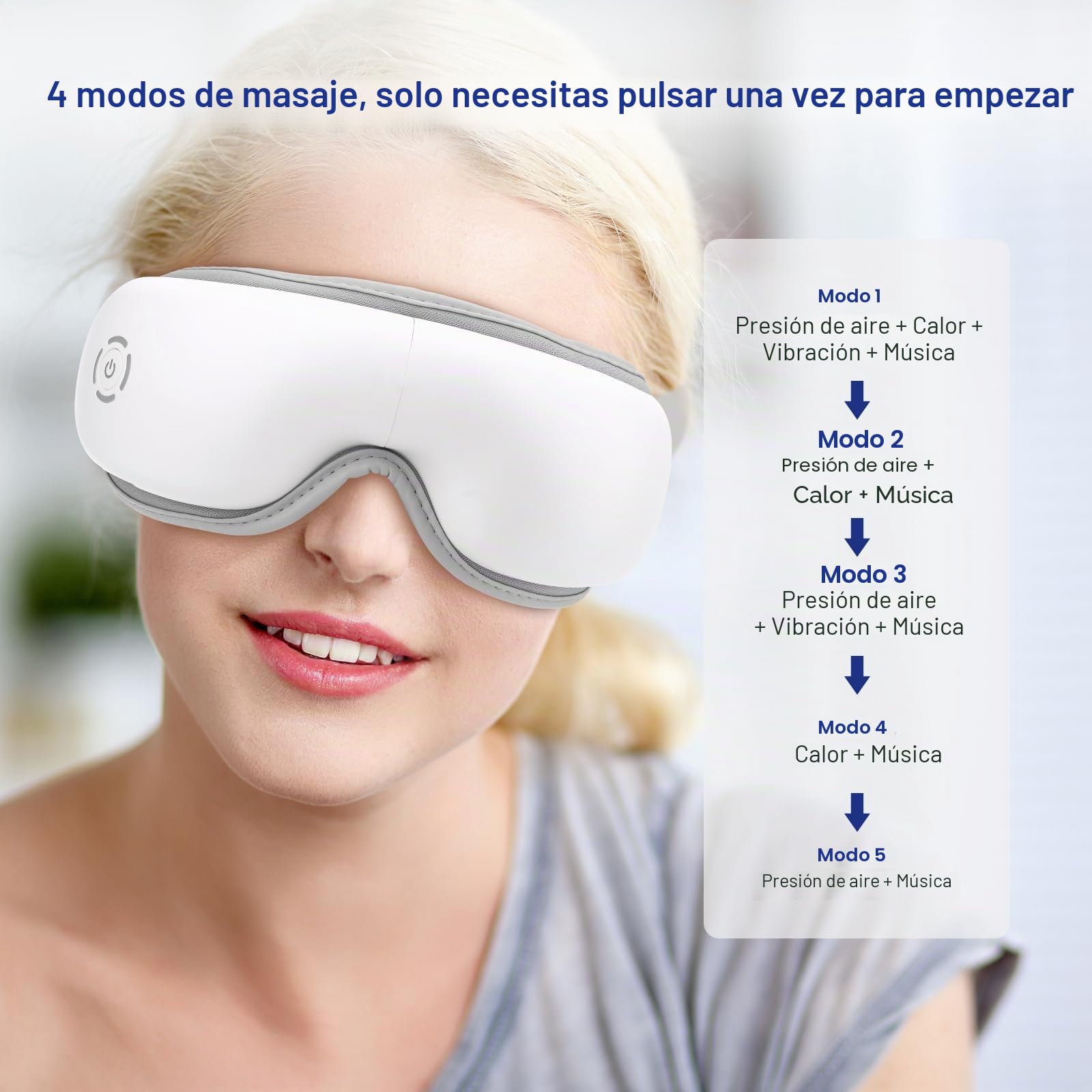 Mafiti Masajeador de ojos con calor, compresión de aire mejorada con música Bluetooth recargable terapia ocular masajeador para aliviar la tensión ocular, ojeras, ojos secos, mejorar el sueño (Blanco)