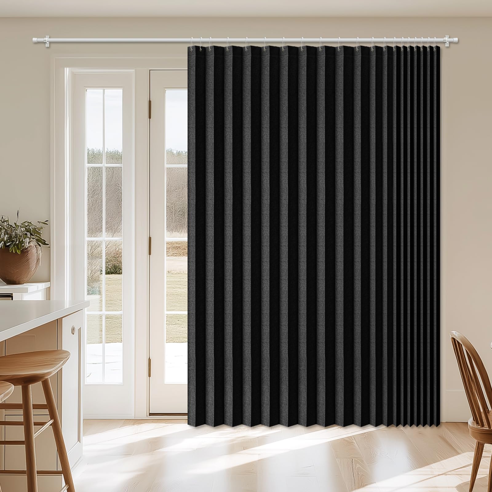AJAZZ 100% Blackout Accordion Door Curtain 98"x84" Black - Magnetic Folding Room Divider, No-Drill Sliding Patio Closet