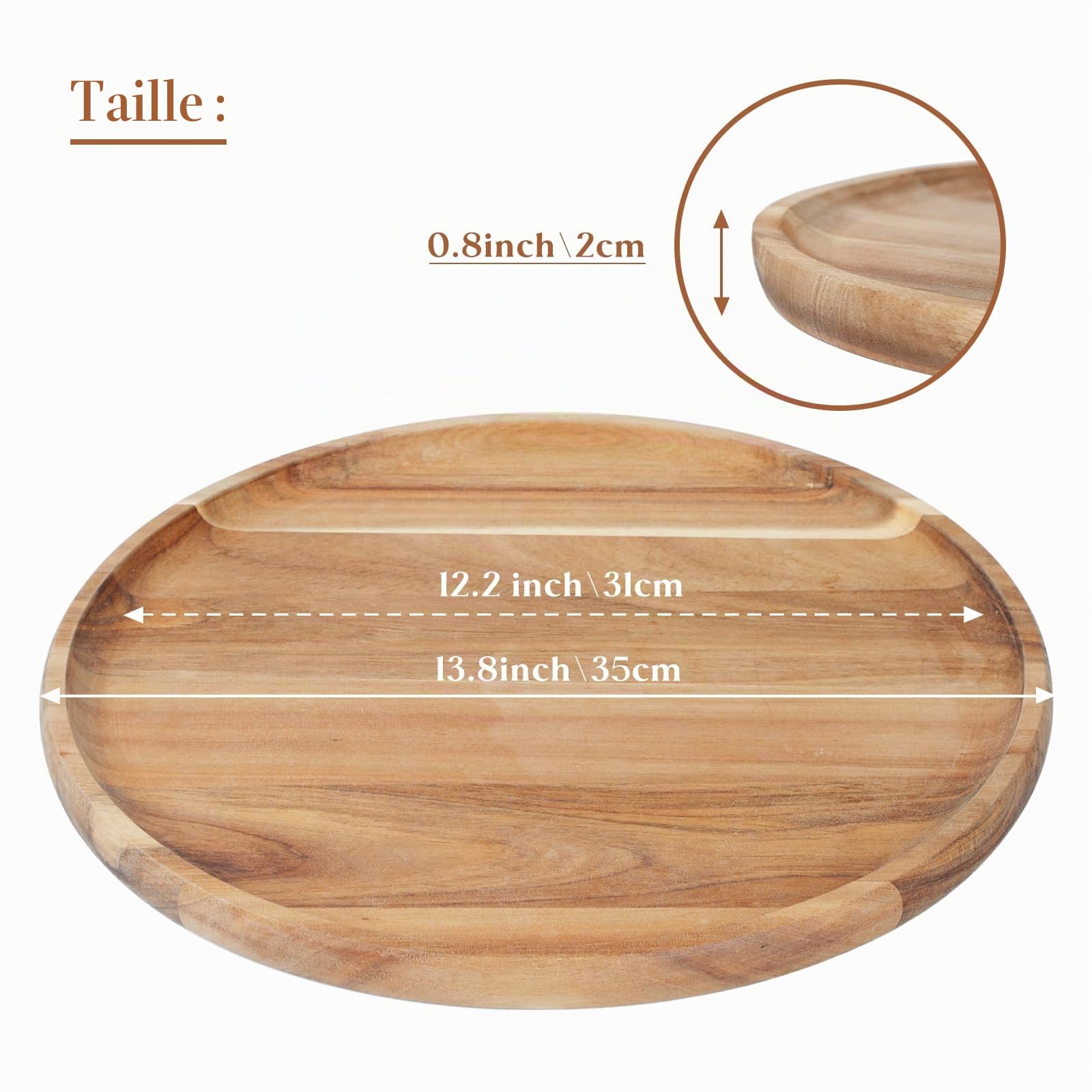 YANGQIHOME Plateau rond en bois, plateau en bois d'acacia, plateau de service, planche à charcuterie pour apéritifs, organisateur de plateau pour cuisine/comptoir, 35,1 x 35,1 x 2,0 cm
