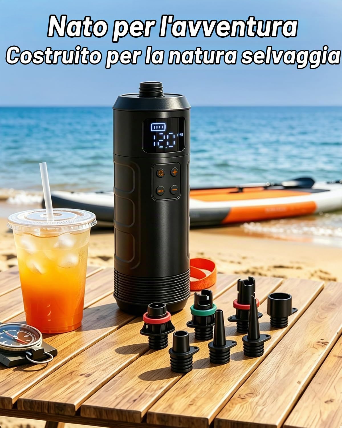 Mojimdo Pompa SUP Elettrica Cordless, Gonfiatore Ricaricabile 12 PSI con Auto-Spegnimento, Display Digitale e 7 Adattatori, Pompa Portatile per Tavola da SUP, Kayak, Gommone e Tenda da Campeggio