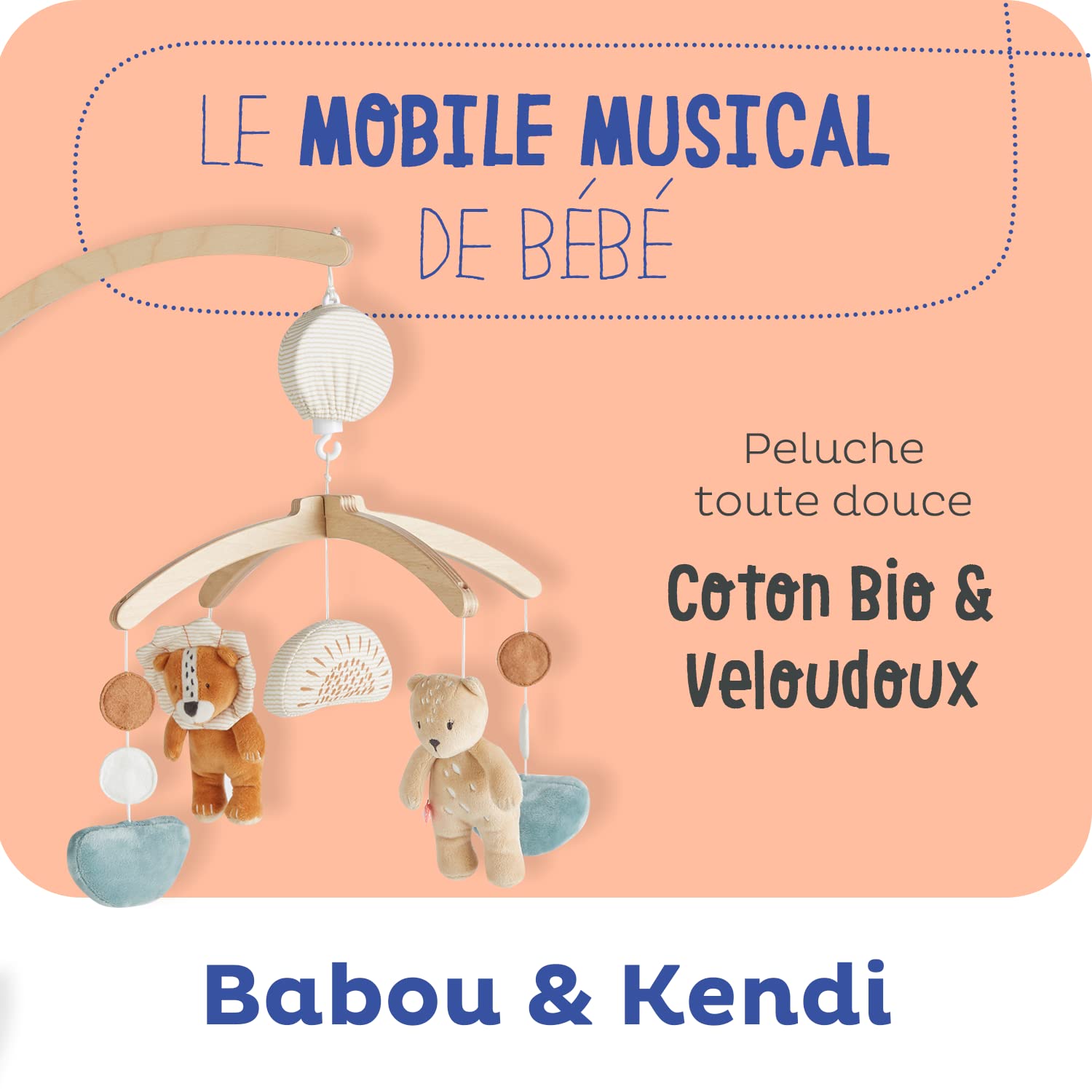 Noukie's - Babou & Kendi Pastelowa drewniana karuzela muzyczna - karuzela do łóżeczka dziecięcego z boksem, kojec - inspirująca gra