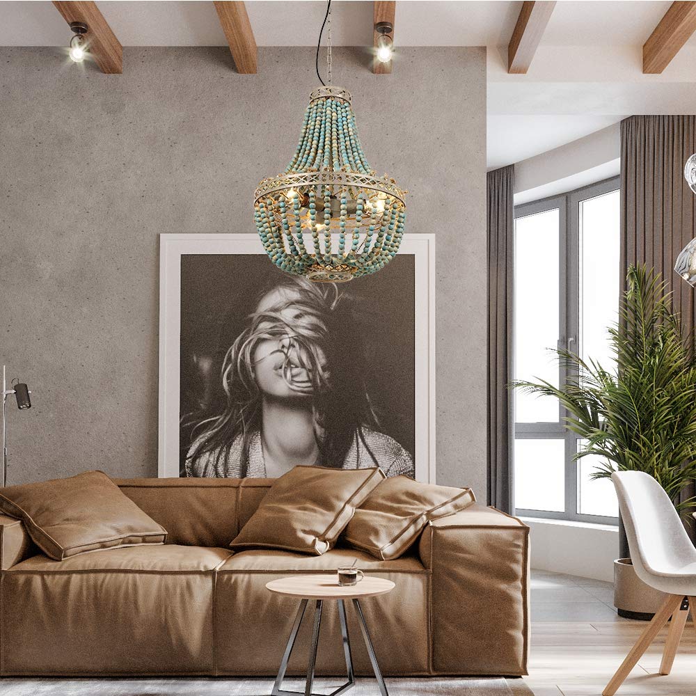 FIRVRE 3-Light Blue Lámpara de Techo de Cuentas de madera Natural Iluminación de techo E27 Bohemian Boho Loft French Countryside interior candelabro Plafón antigua para Cocina Isla Comedor