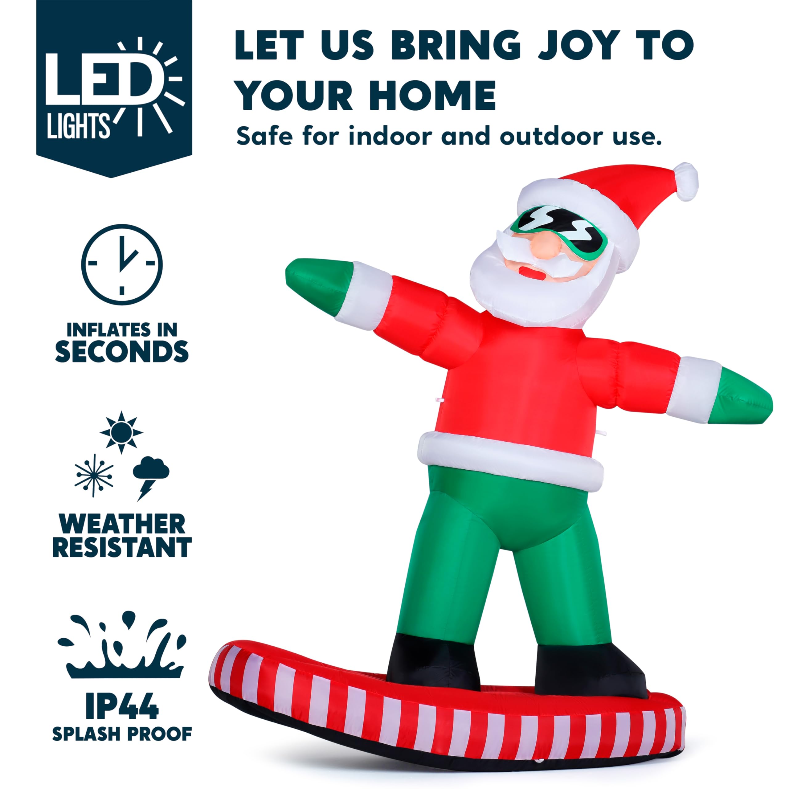 Joiedomi 1,80 m hohe aufblasbare Weihnachtsdekoration für den Außenbereich, aufblasbarer snowboardender Weihnachtsmann, aufblasbare Gartendekoration mit integrierter LED-Beleuchtung