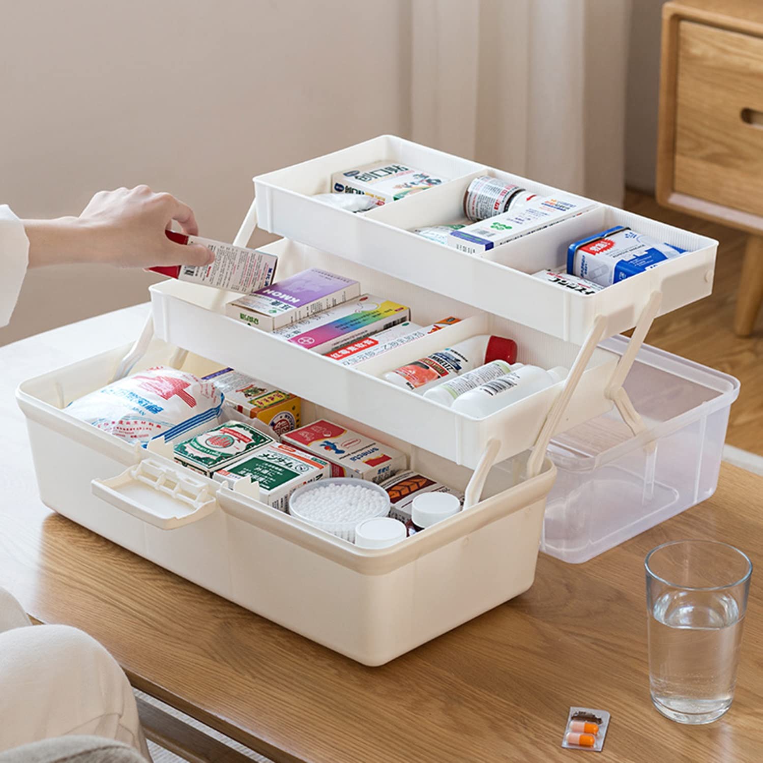Winter Tragbares Erste-Hilfe-Set, 3-lagige Aufbewahrungsbox für Medikamente mit großem Fassungsvermögen, Hausapotheke-Organizer mit Deckel für Zuhause, im Freien, 14,6 * 7,5 * 7,1 Zoll