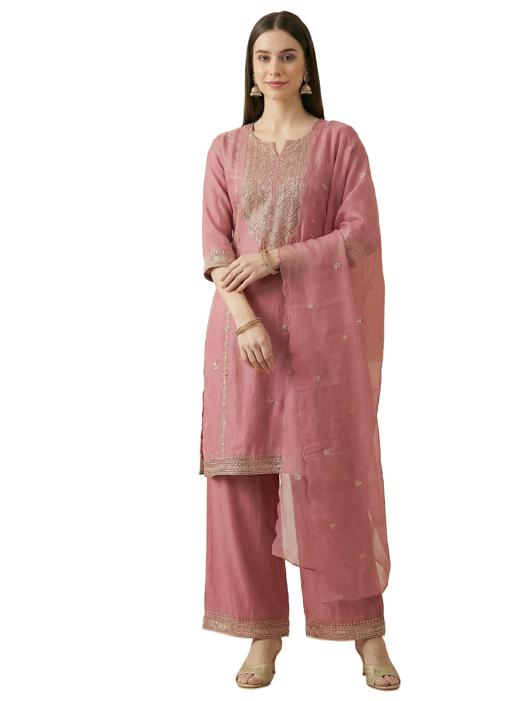indo era Women's Silk Blend Ethnic Motifs Embroidered Straight Knee Length Kurta & Palazzo with Dupatta Set (IEAI12430)-picture-54