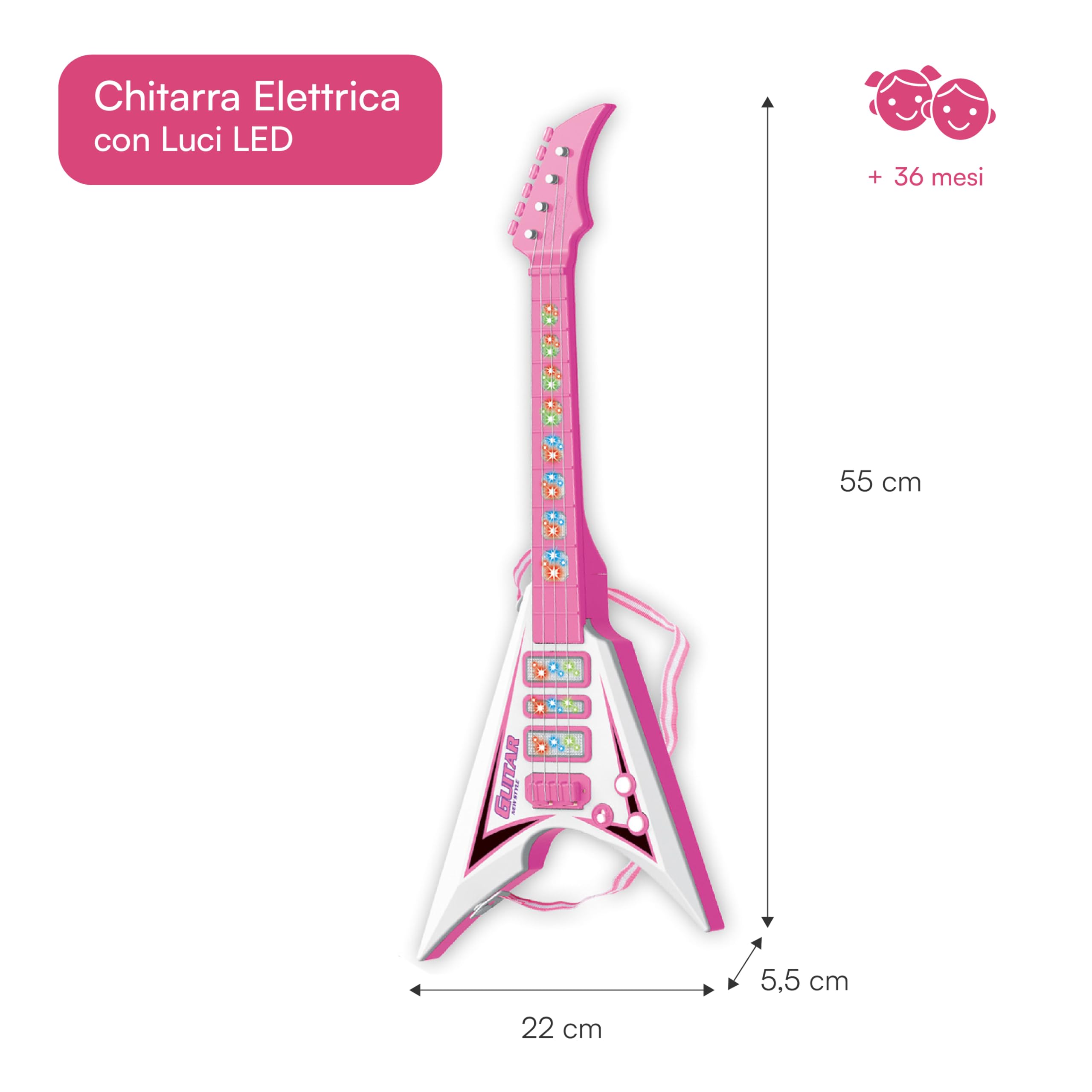 Baroni Toys Chitarra per Bambin e Bambini, 3+ Anni con Luci, Giocattolo Musicale con Effetti Sonori e Luminosi, Chitarra Elettrica Musicisti, Rosa, 22x5.5x55cm