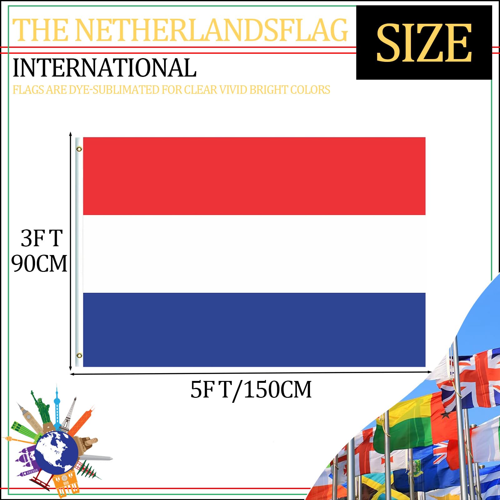 Large Netherlands Flag 5ftx3ft with Eyelets for Fifa World Cup Football 2026 Decorations,Big Nederlanden Flags for Indoor Outdoor Garden Sport Event Eurovision Euro Football French Party Decorations - Image 2